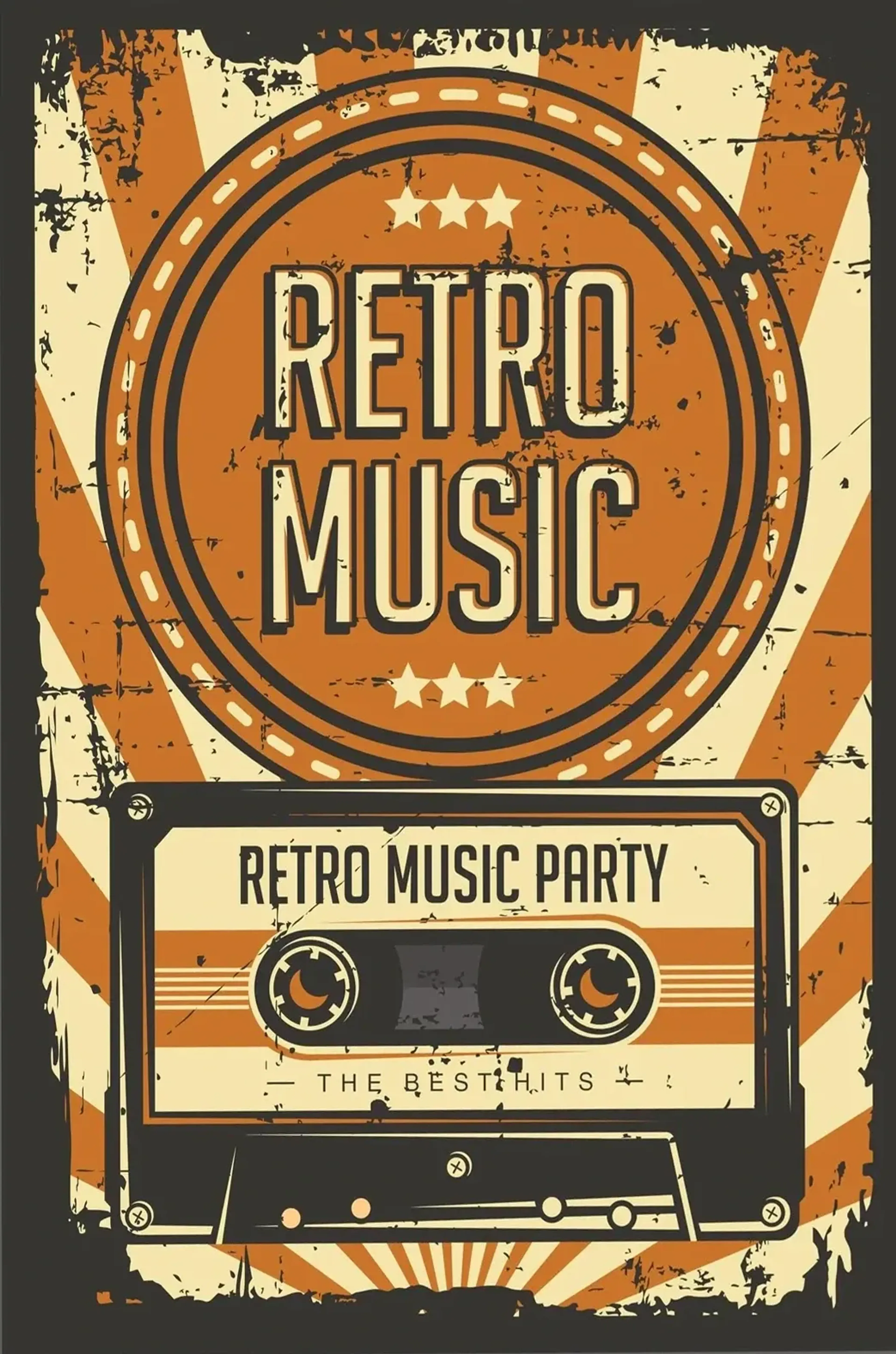 Orange-cremefarbenes Retro-Motiv mit Musikkassette, Sternen und rundem „Retro Music“-Emblem.