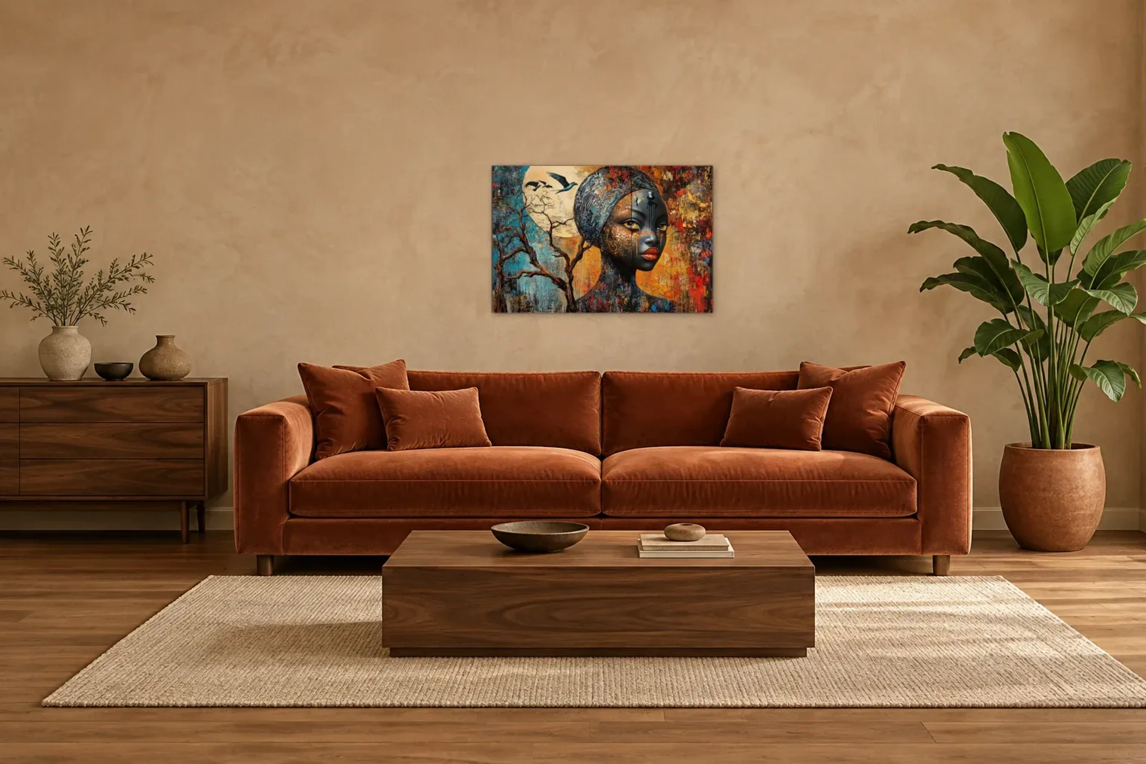 Mondfrau als Wandbild über einem 220-cm-Sofa
