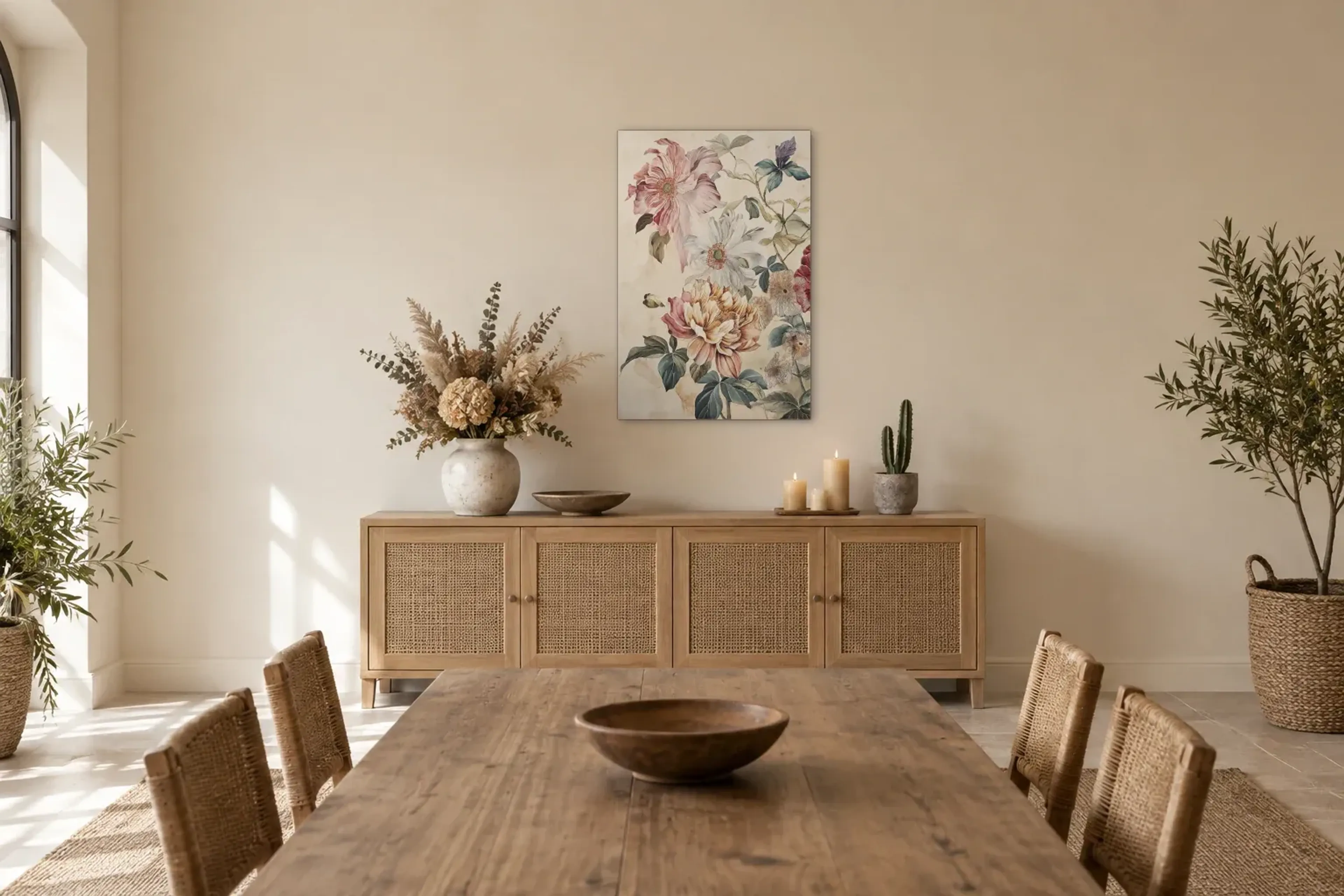 Blüten in sanften Erdtönen als Wandbild über einem 160-cm-Sideboard