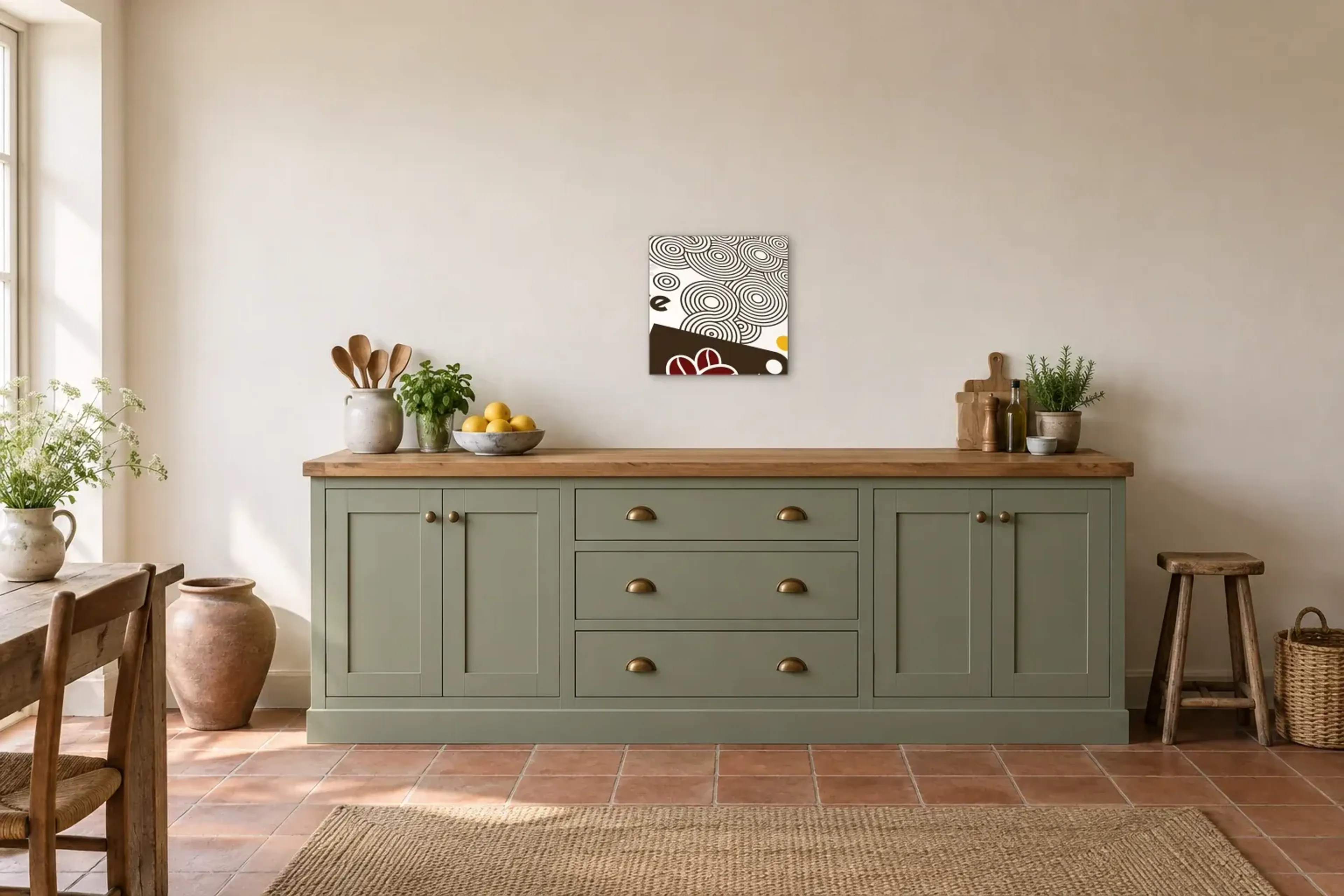 Kaffee-Pause modern als Wandbild über einer 200-cm-Arbeitsplatte