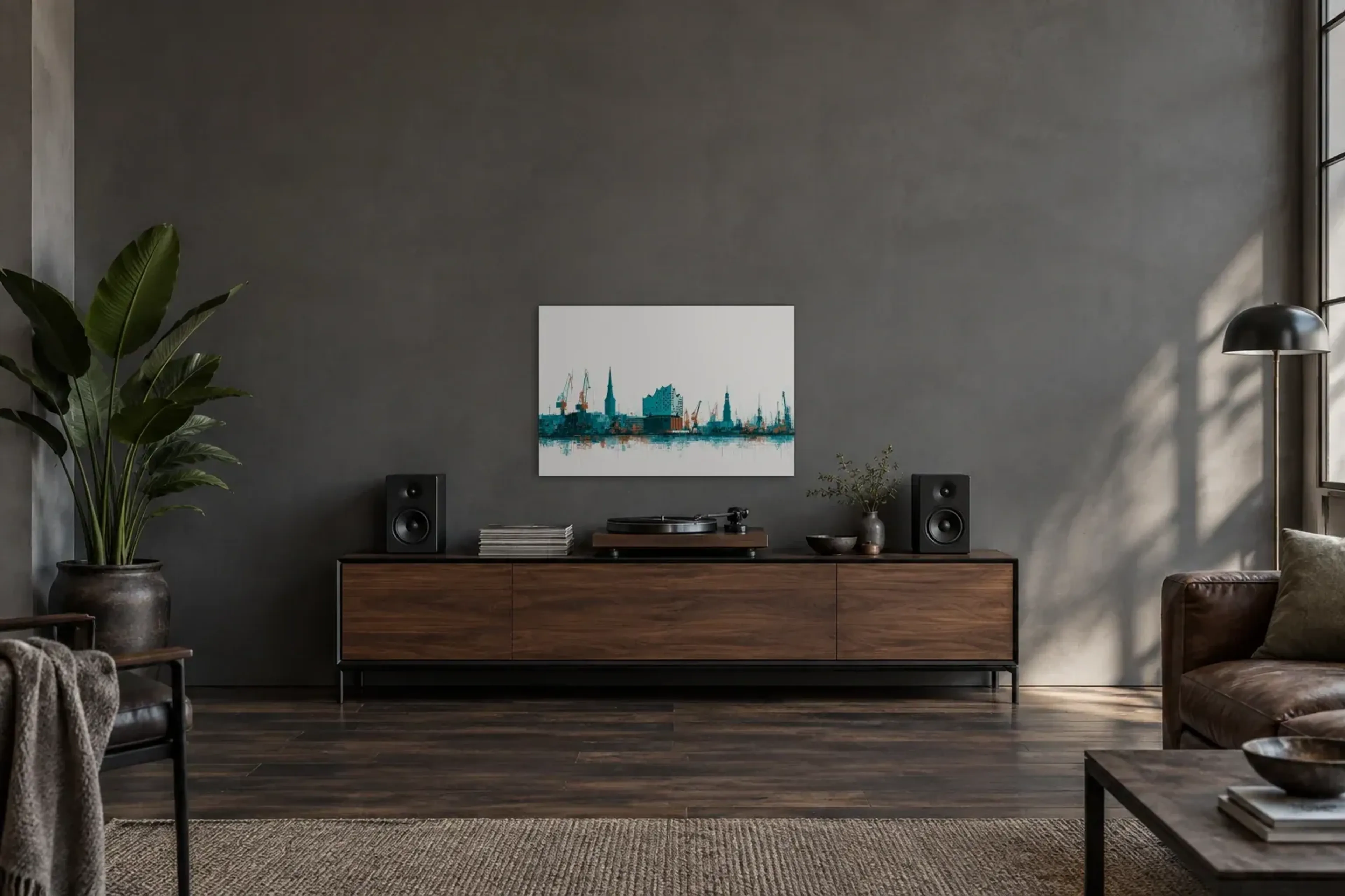 Hamburger Hafensilhouette als Wandbild über einem 200-cm-Sideboard