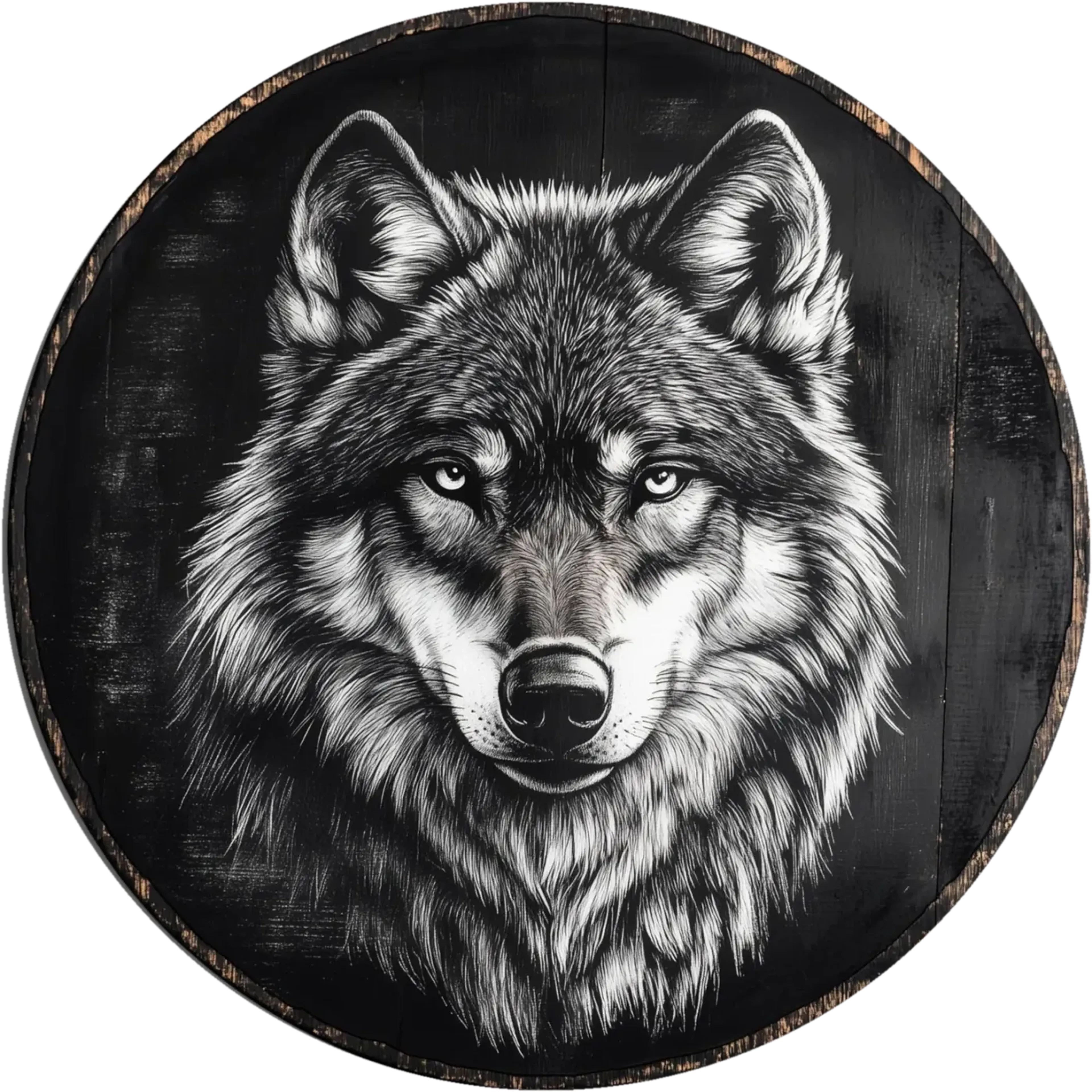 Wolfskopf im Dunkeln – Motiv als Wandbild auf Holz