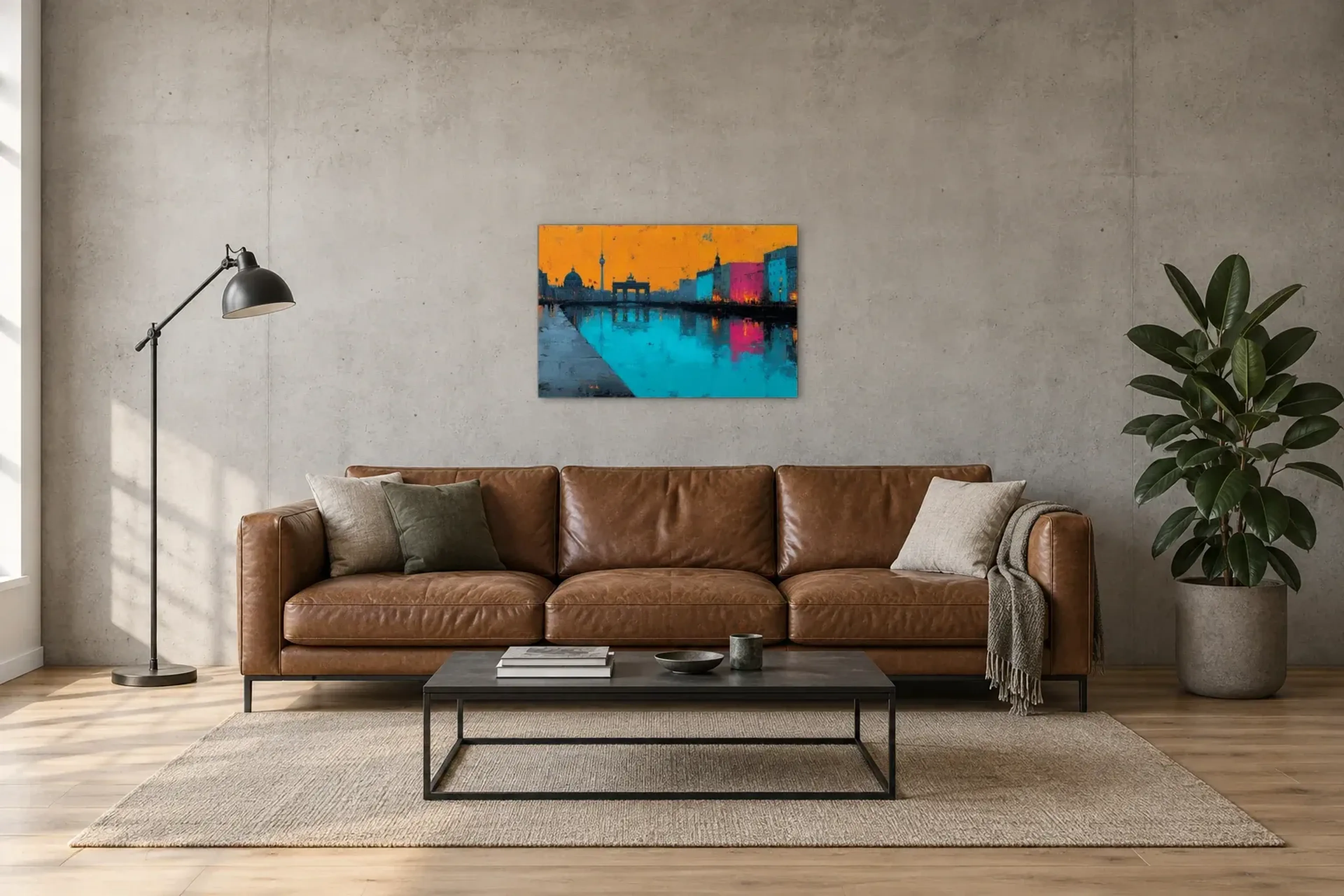 Berlin zwischen Orange und Türkis als Wandbild über einem 220-cm-Sofa