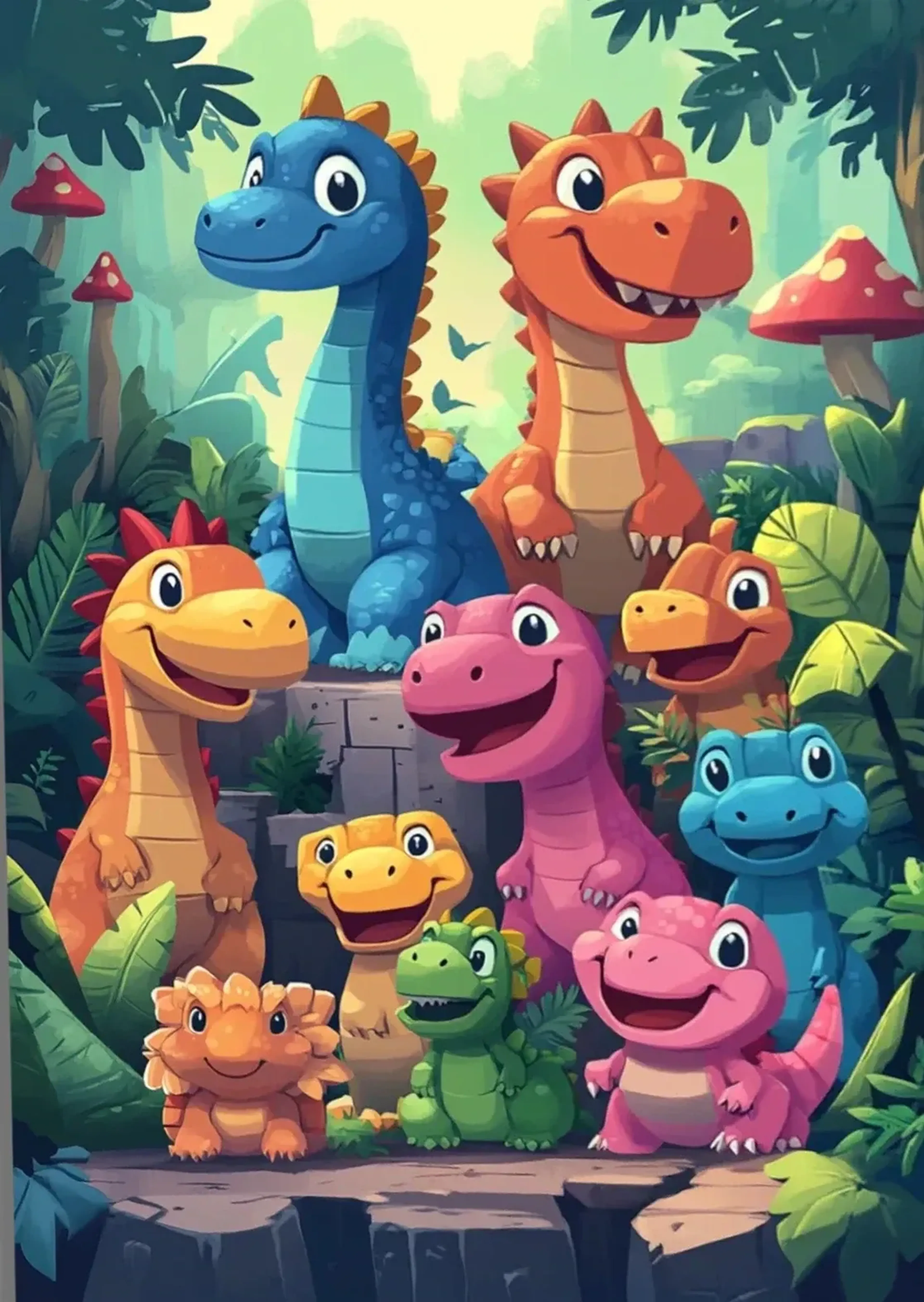 Bunte Dinosaurier mit großen Augen stehen auf Steinstufen zwischen Dschungelblättern und roten Pilzen.