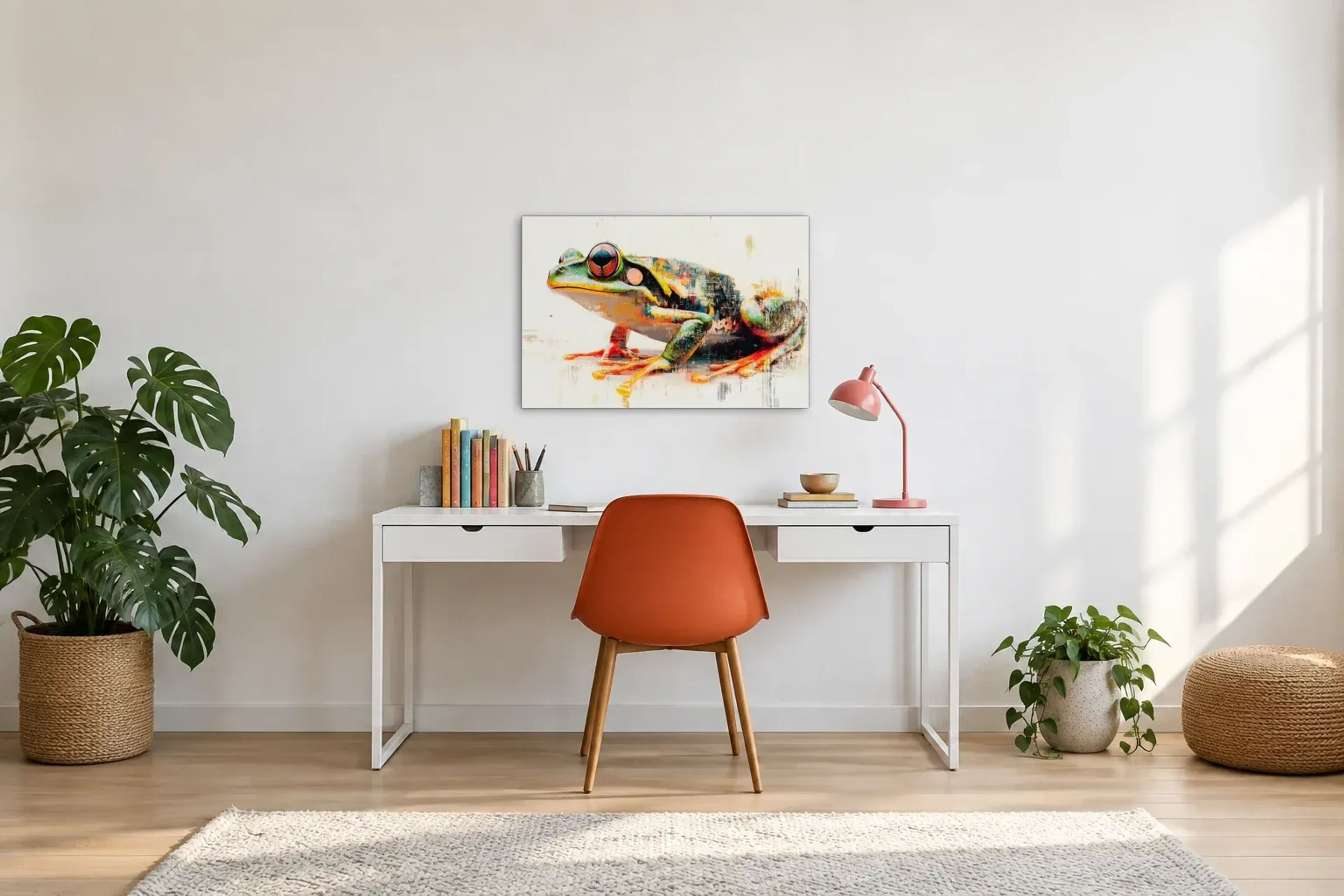 Frosch auf Creme als Wandbild über einem 140-cm-Schreibtisch