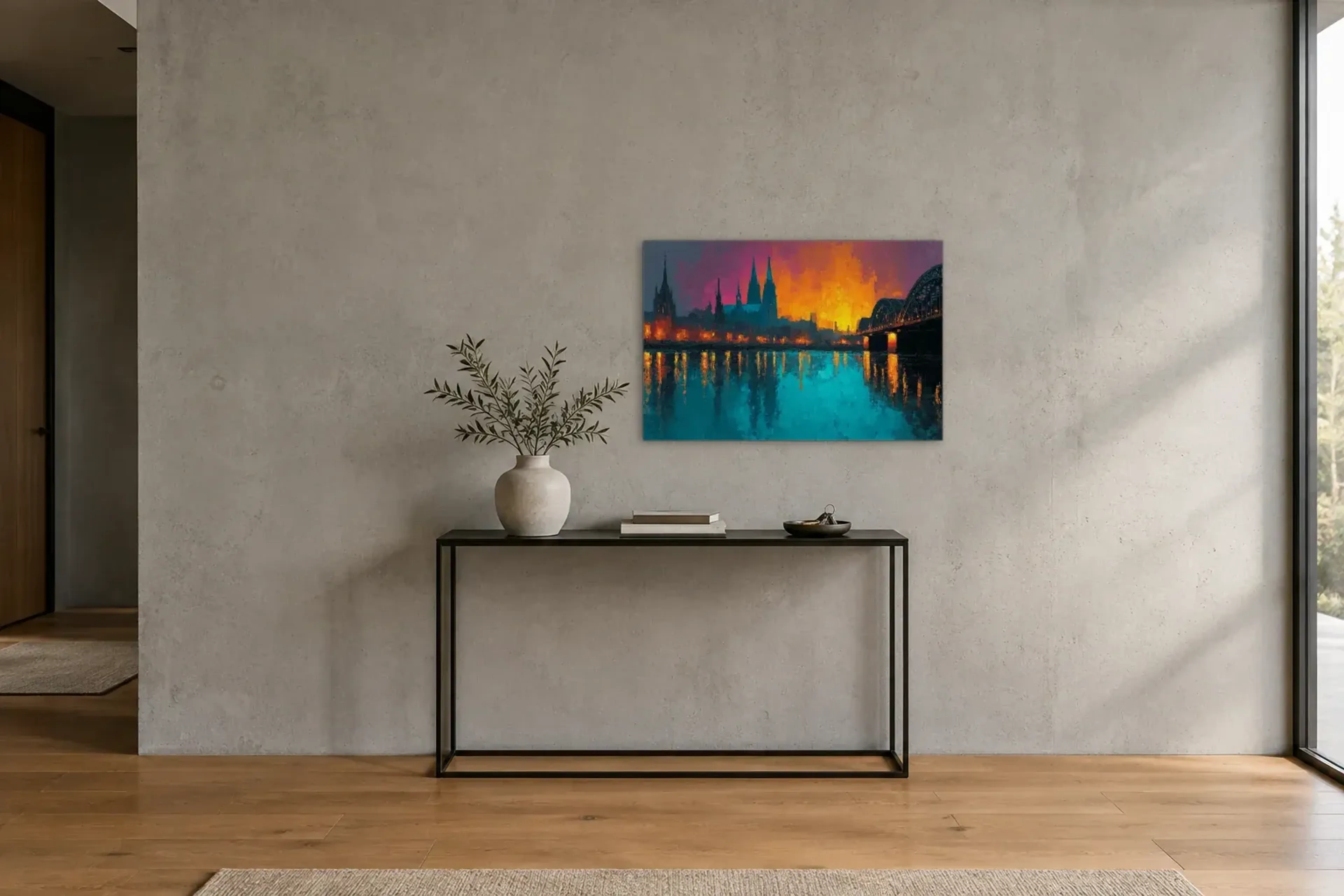 Köln im Abendglühen als Wandbild über einer 120-cm-Konsole