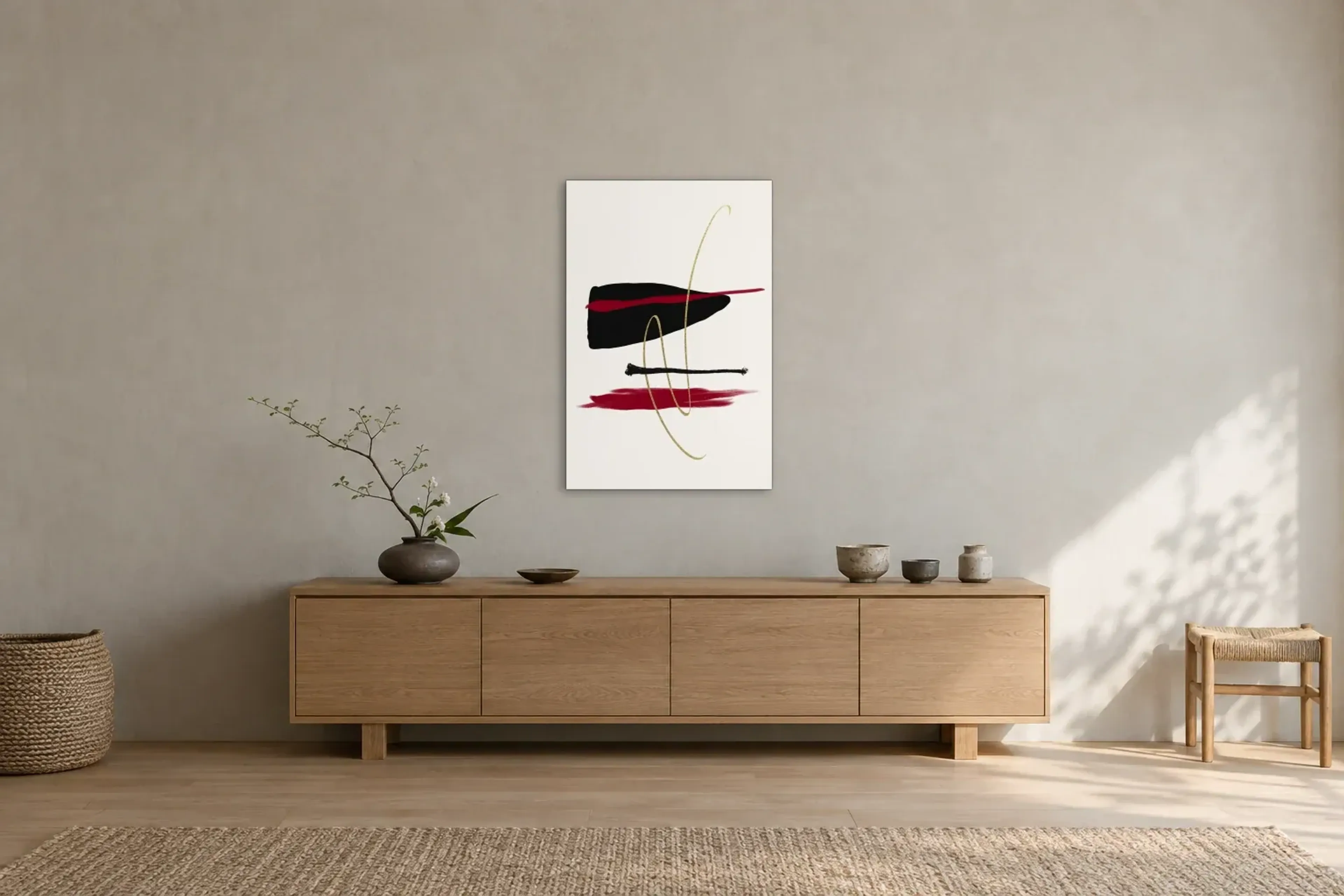 Goldlinien zwischen Pinselspuren als Wandbild über einem 180-cm-Sideboard