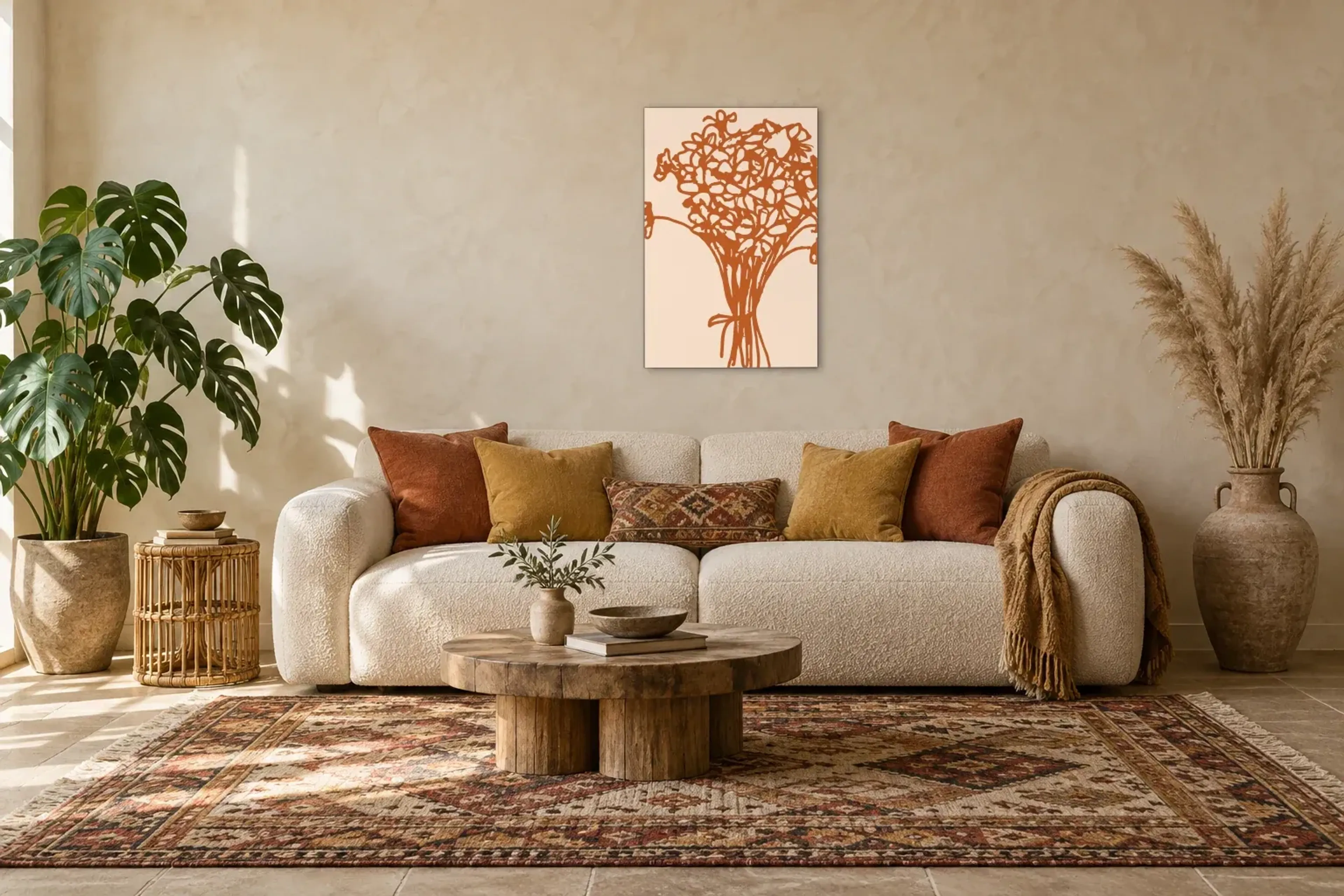 Blumenstrauß in Rostorange als Wandbild über einem 220-cm-Sofa