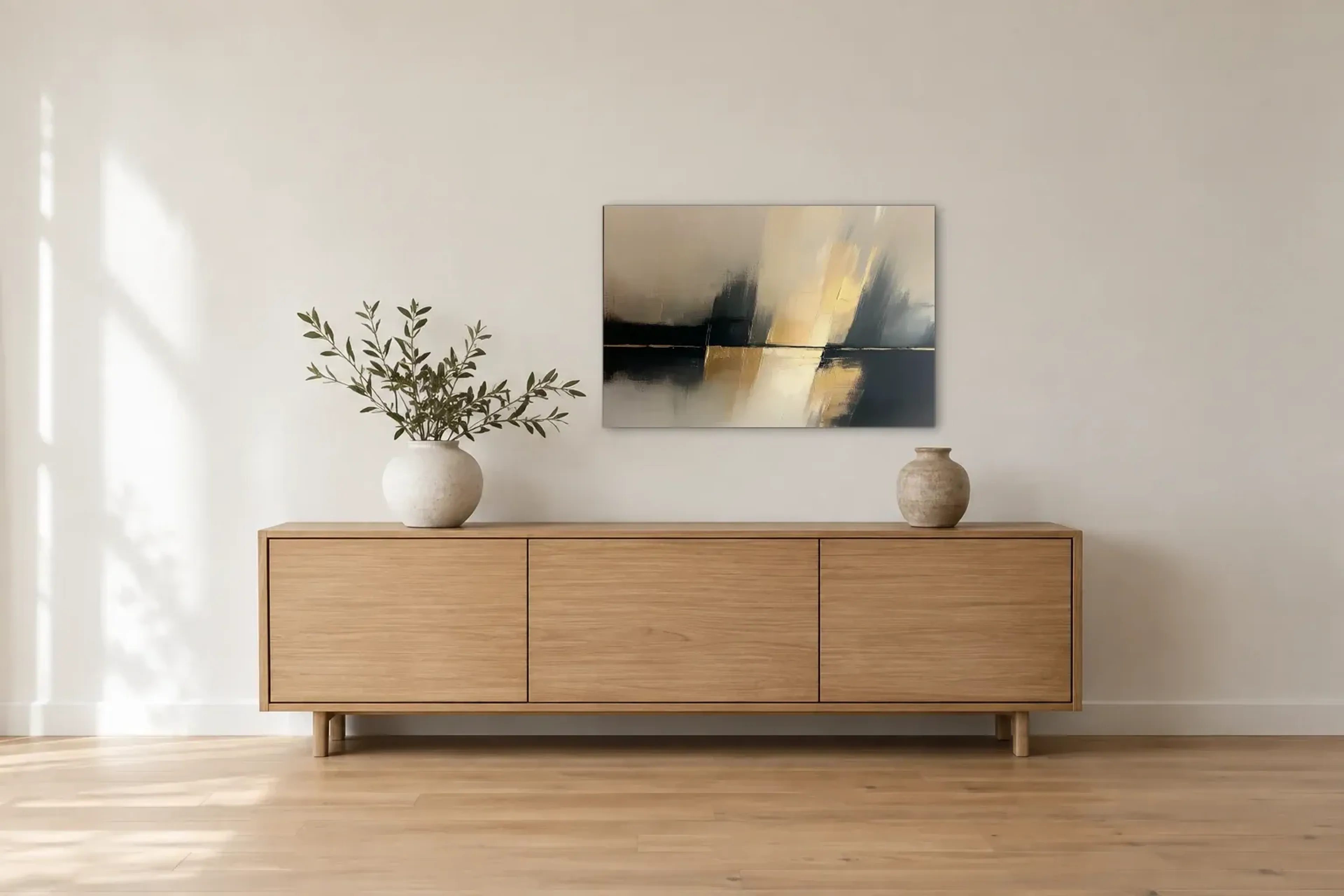 Goldener Horizont als Wandbild über einem 180-cm-Sideboard