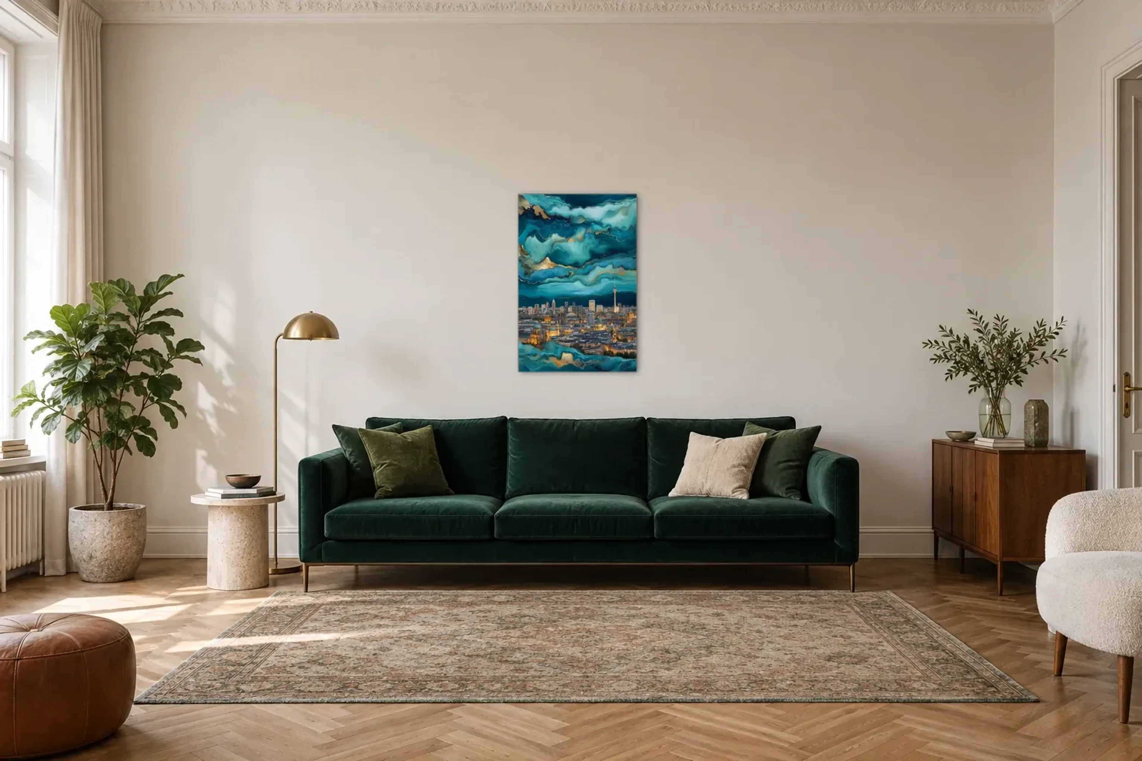 Berlin zwischen Farbströmen als Wandbild über einem 220-cm-Sofa