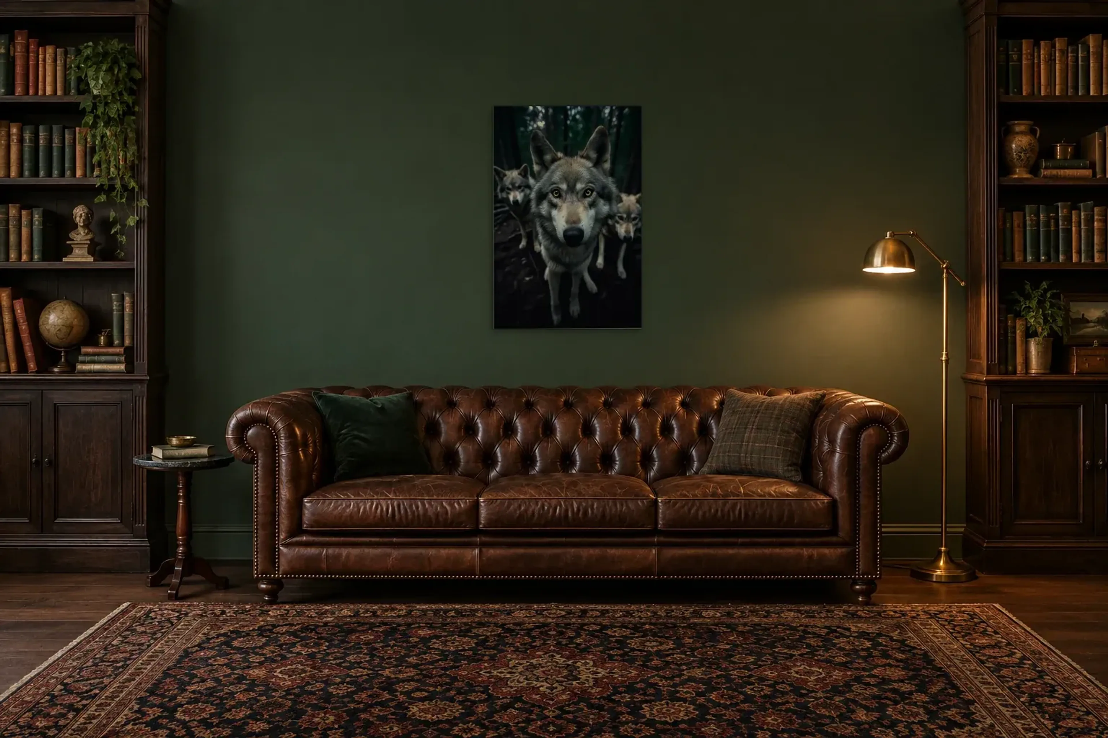 Wachsamer Blick im Wald als Wandbild über einem 200-cm-Chesterfield-Sofa