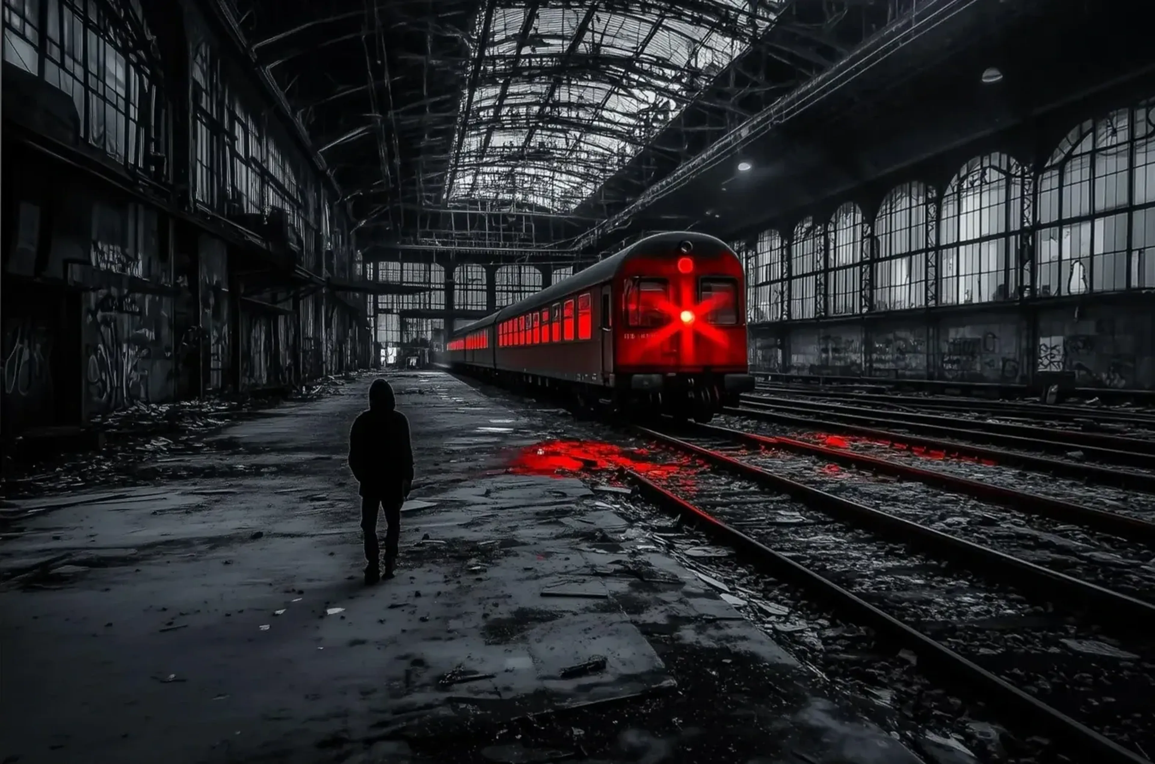 Ein Zug mit roten Lichtern und eine Kapuzengestalt in einer dunklen, verwitterten Bahnhofshalle.