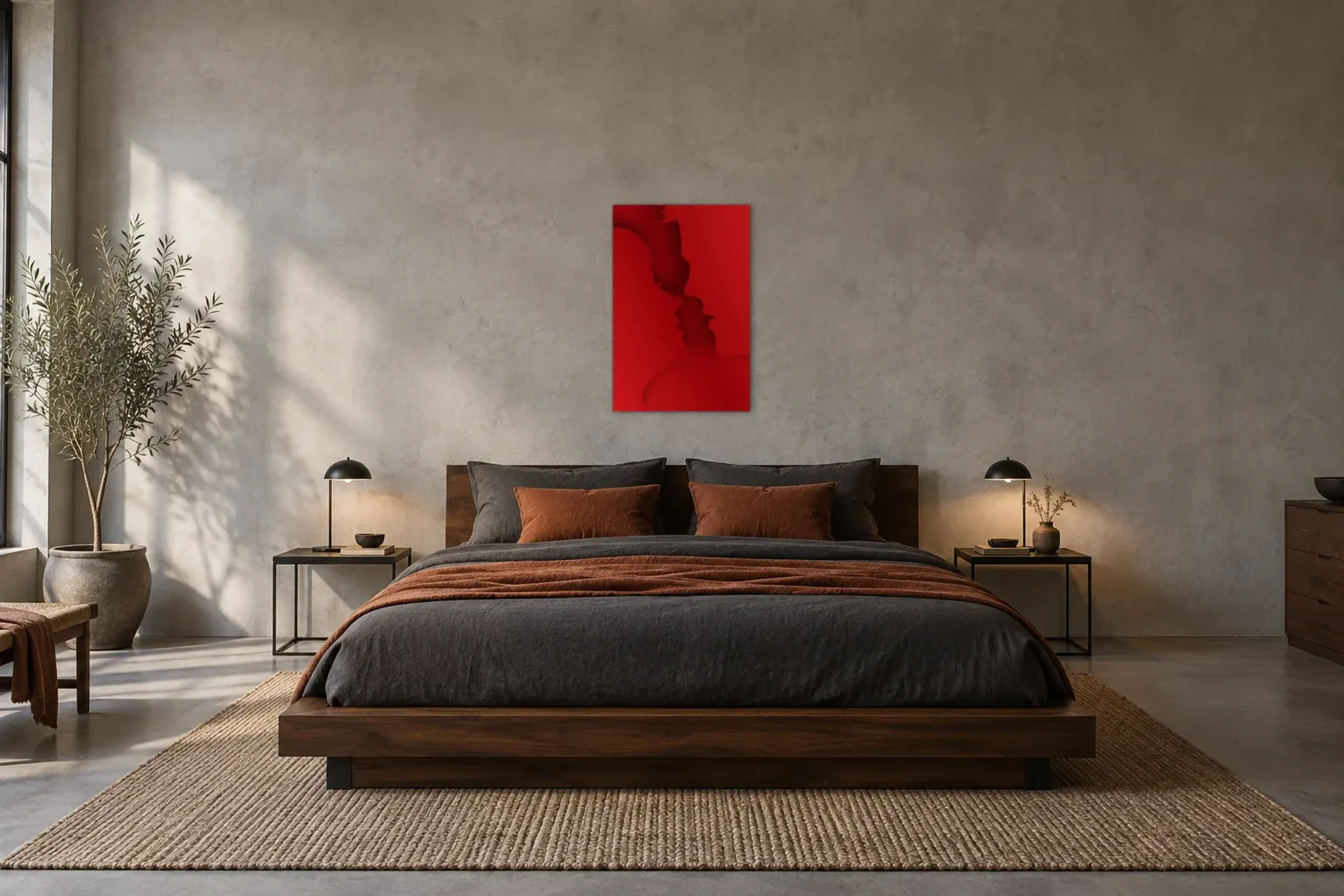 Kuss Rot als Wandbild über einem 180-cm-Bett