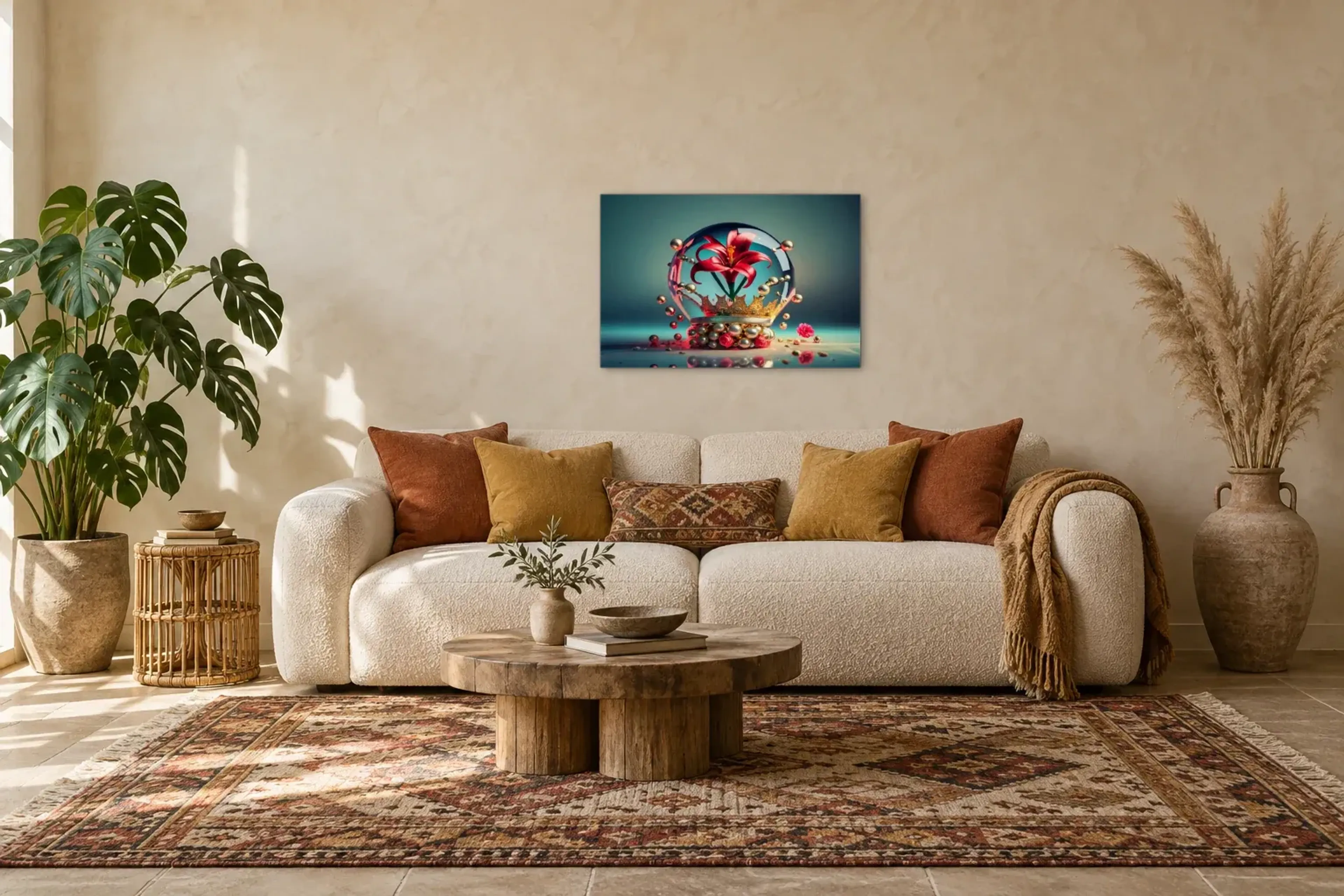 Blume in der Glaskugel als Wandbild über einem 220-cm-Sofa