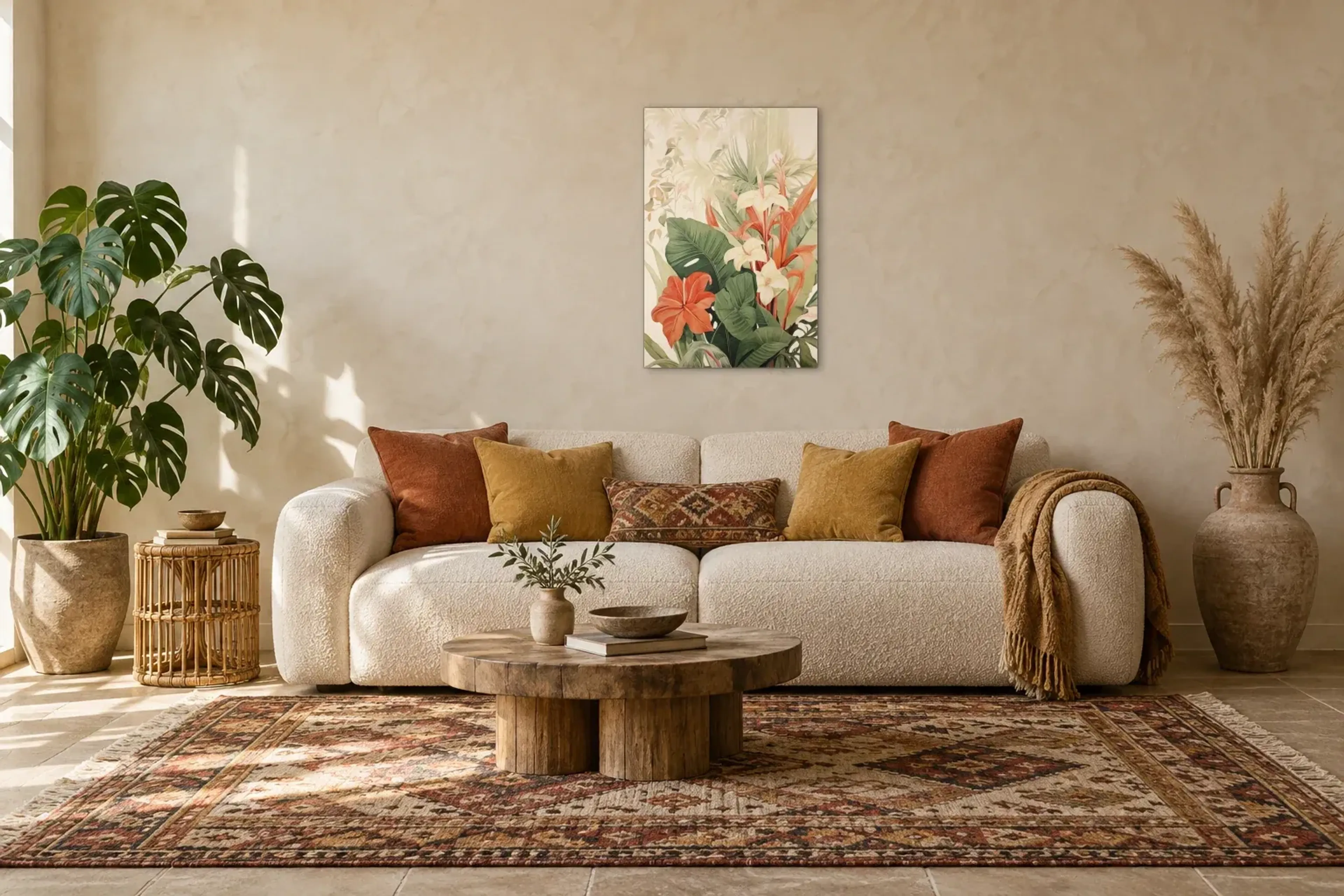 Tropische Blüten und Blätter als Wandbild über einem 220-cm-Sofa