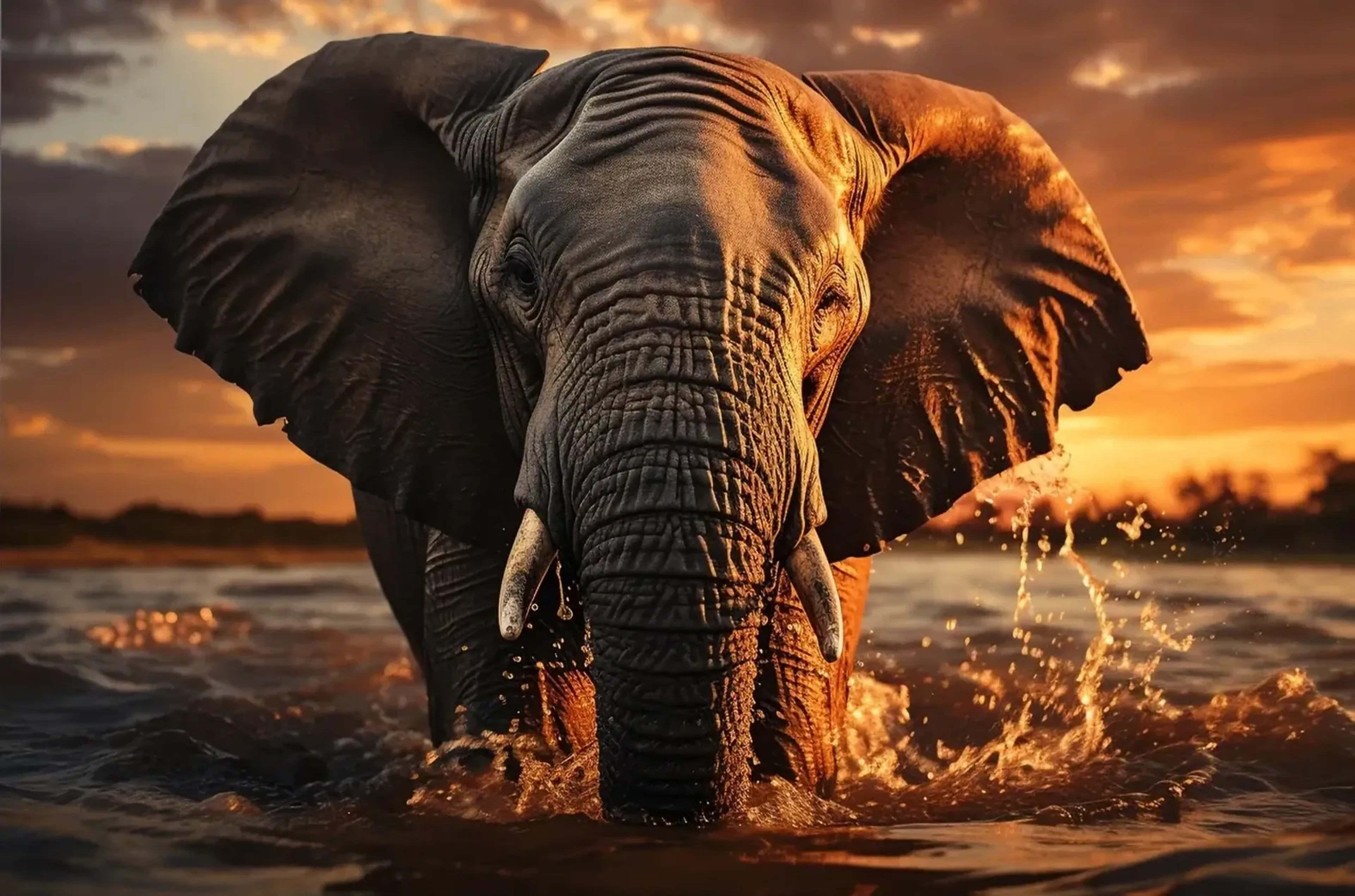 Ein Elefant steht frontal in spritzendem Wasser vor einem orange leuchtenden Abendhimmel.