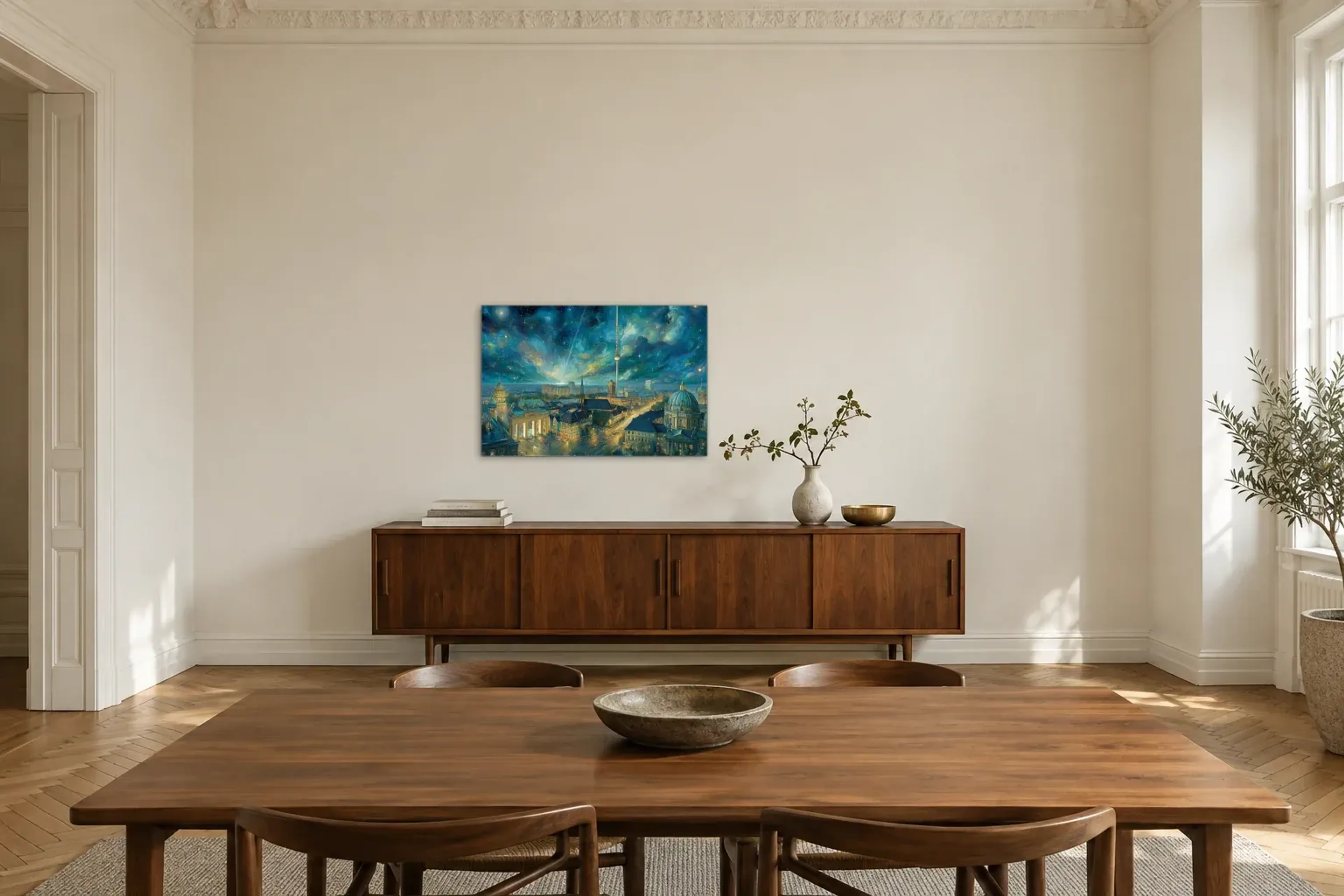 Berlin unter Sternenwirbeln als Wandbild über einem 200-cm-Sideboard