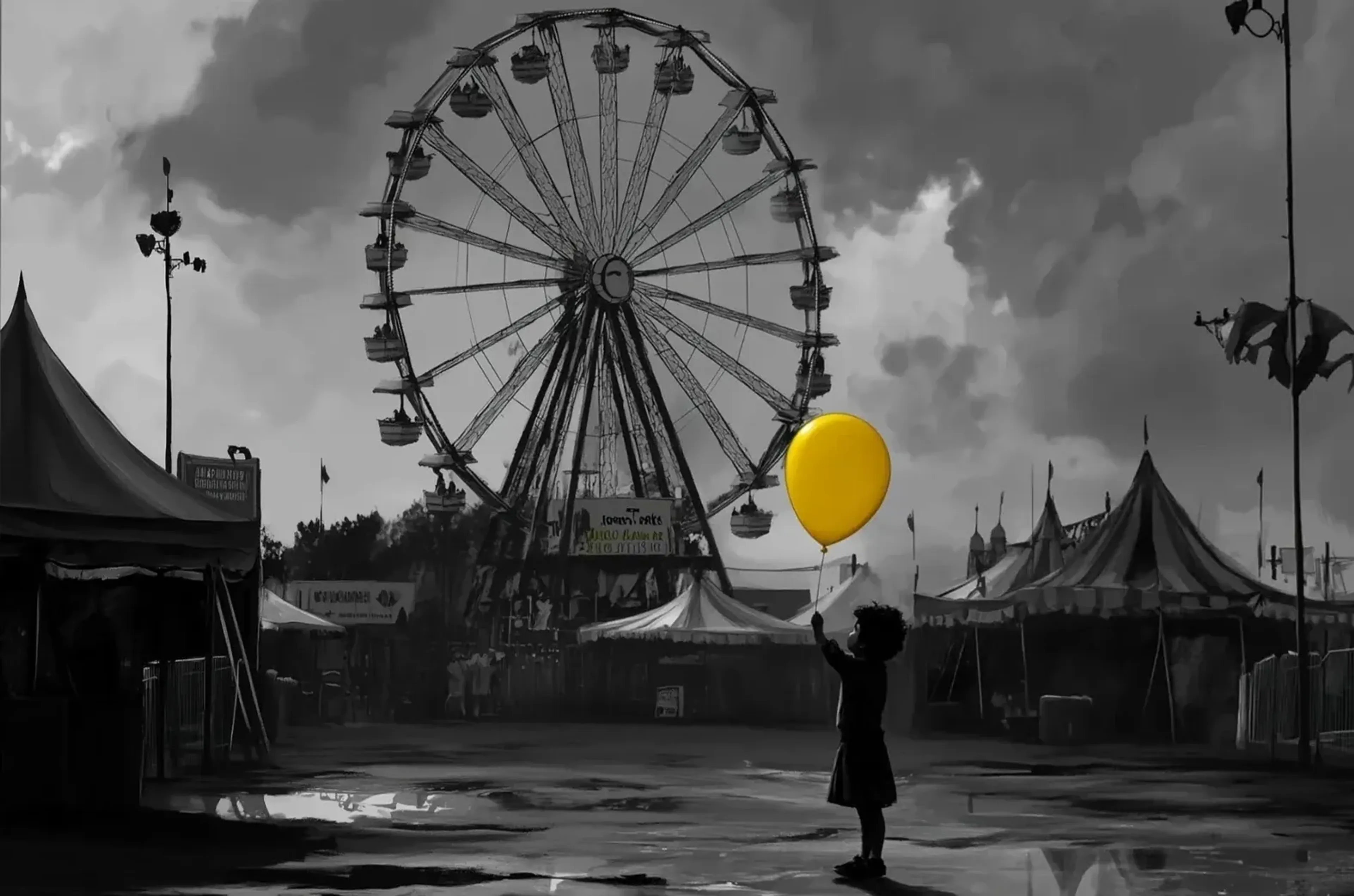 Gelber Ballon am Riesenrad – Motiv als Wandbild auf Holz