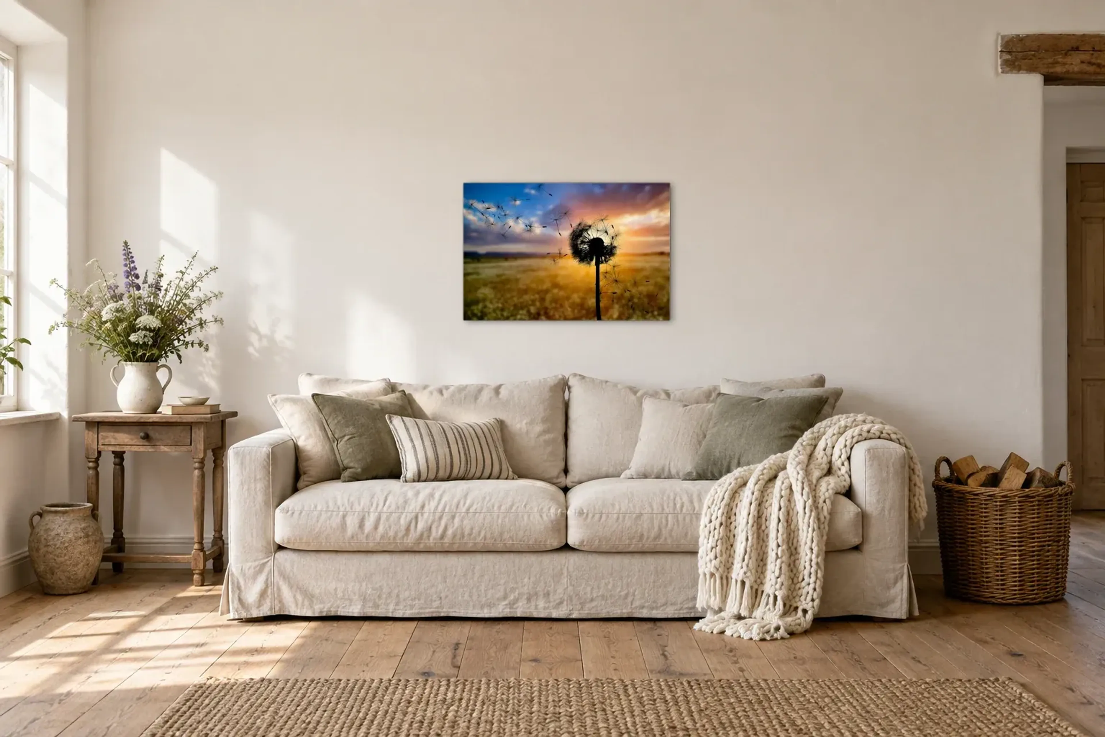 Pusteblume im Abendlicht als Wandbild über einem 220-cm-Sofa