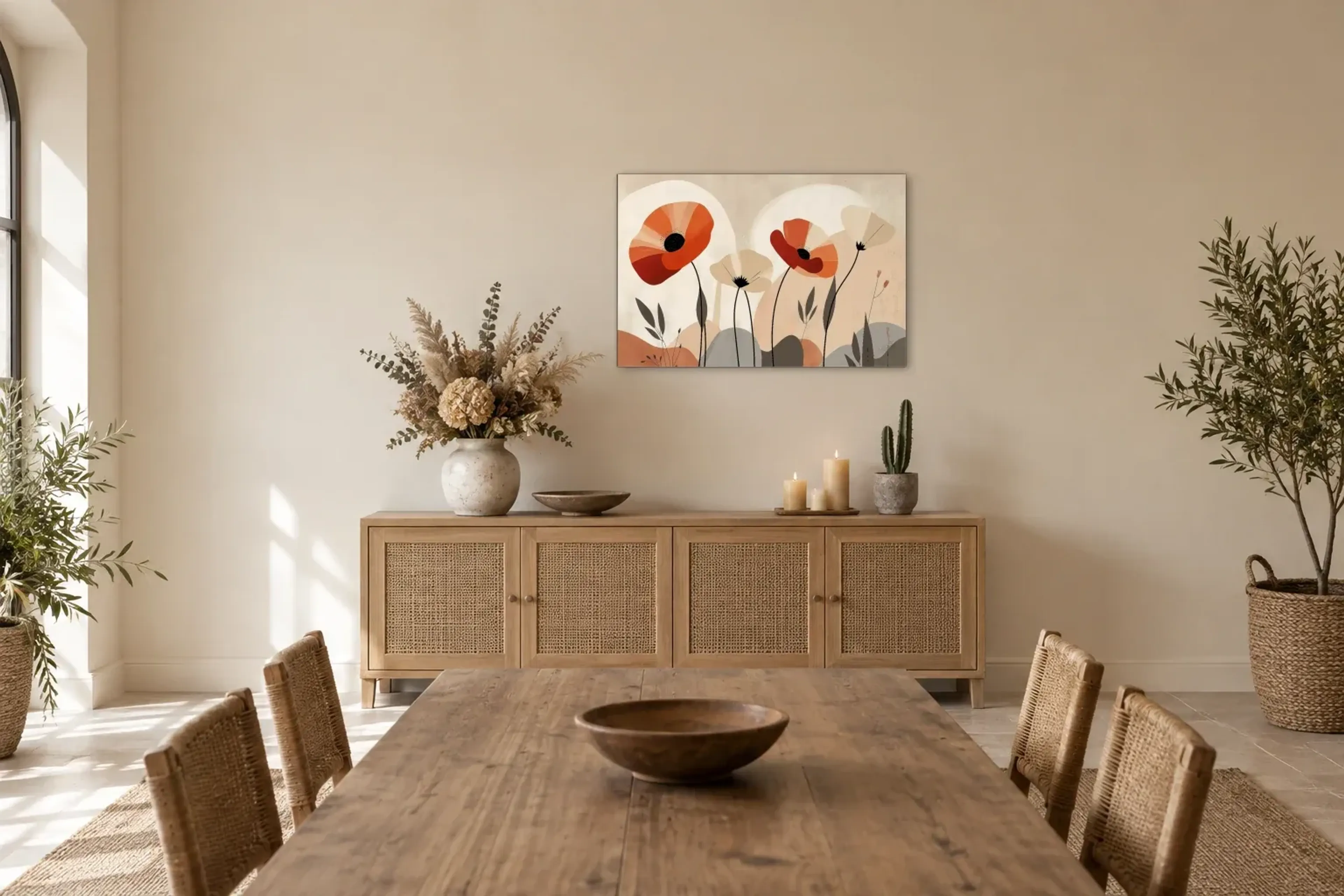Rote Blüten als Wandbild über einem 160-cm-Sideboard