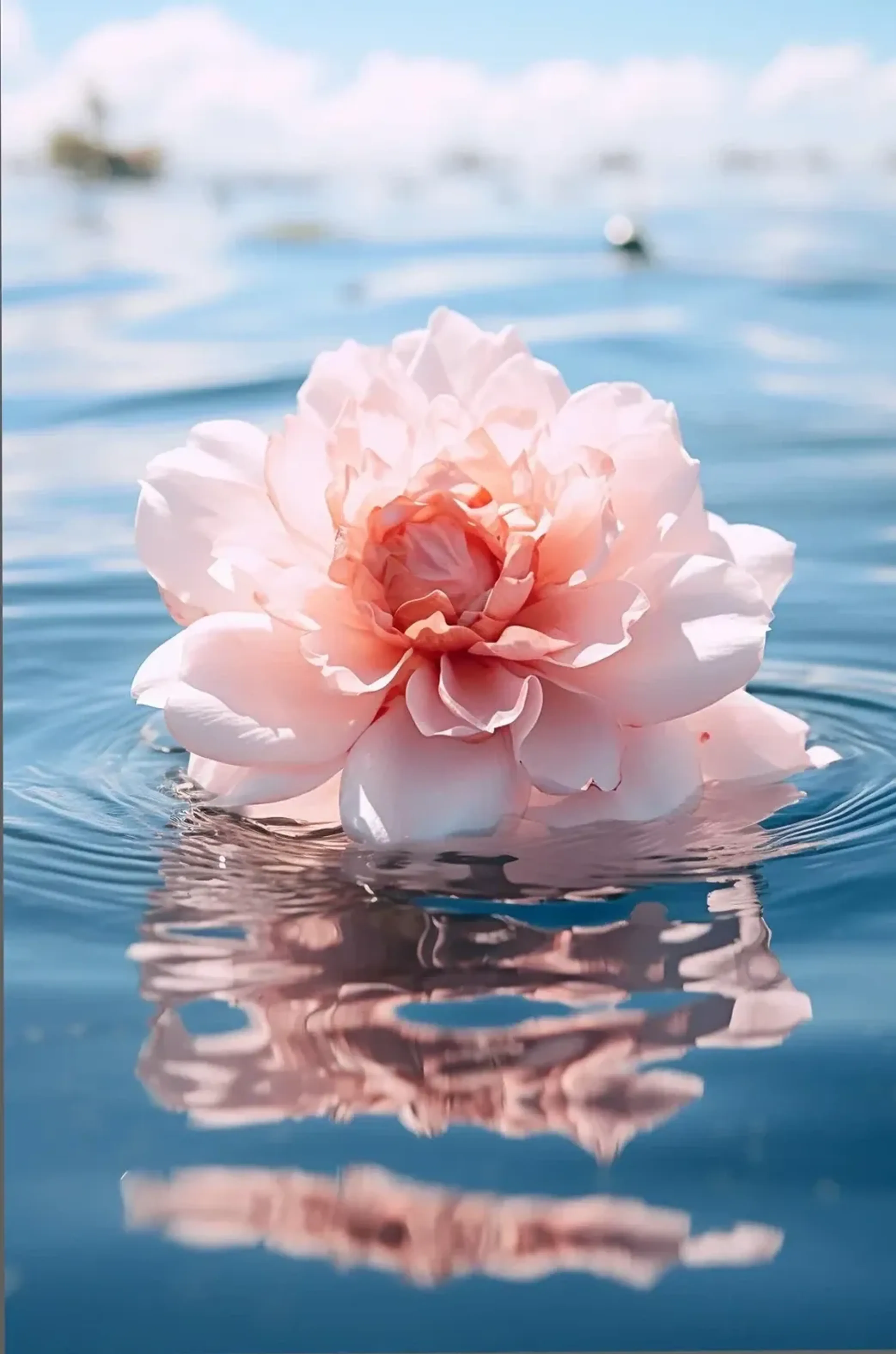 Eine rosafarbene Blüte schwimmt auf blauem Wasser und spiegelt sich in der leicht gewellten Oberfläche.