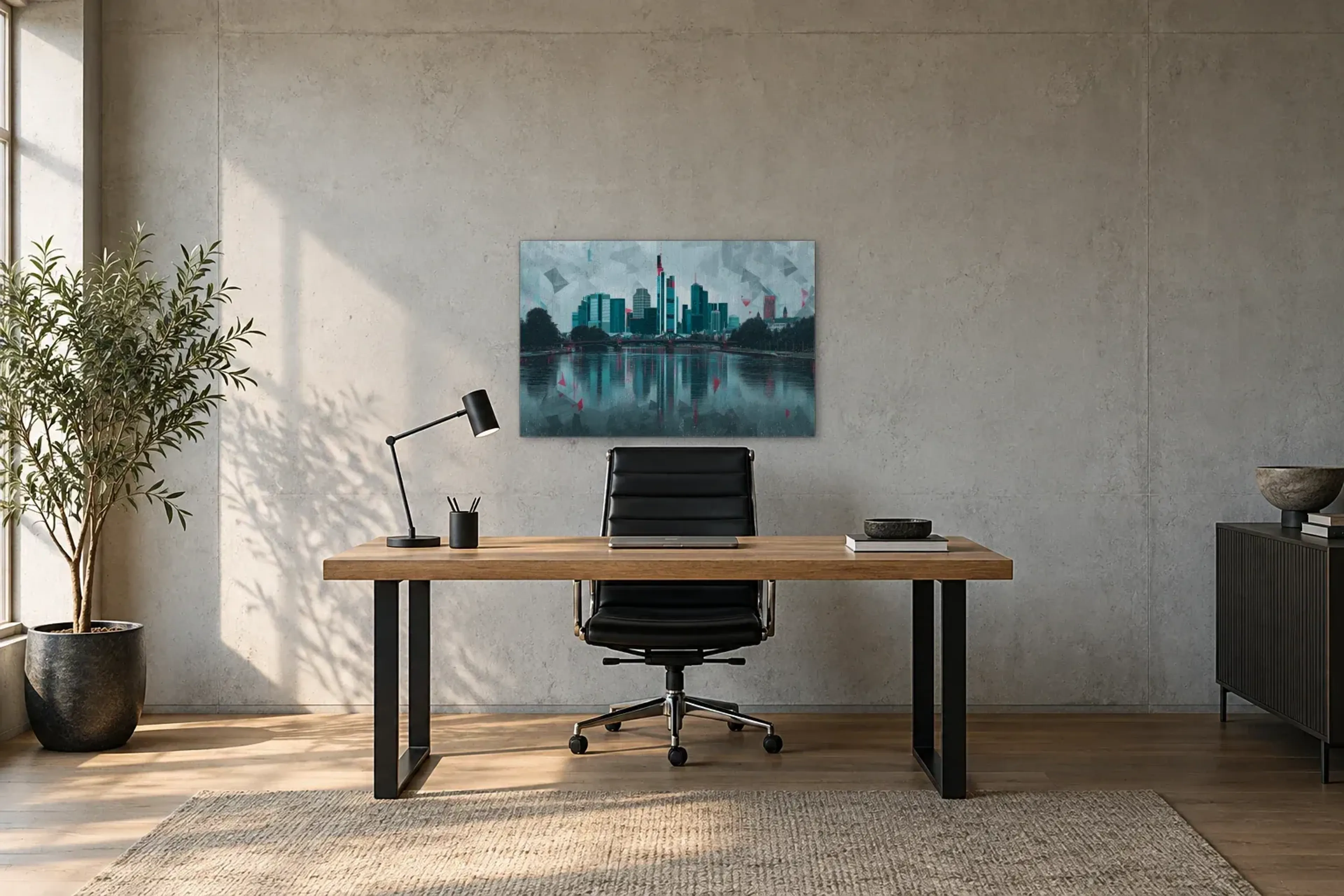 Frankfurt in Petrol als Wandbild über einem 160-cm-Schreibtisch