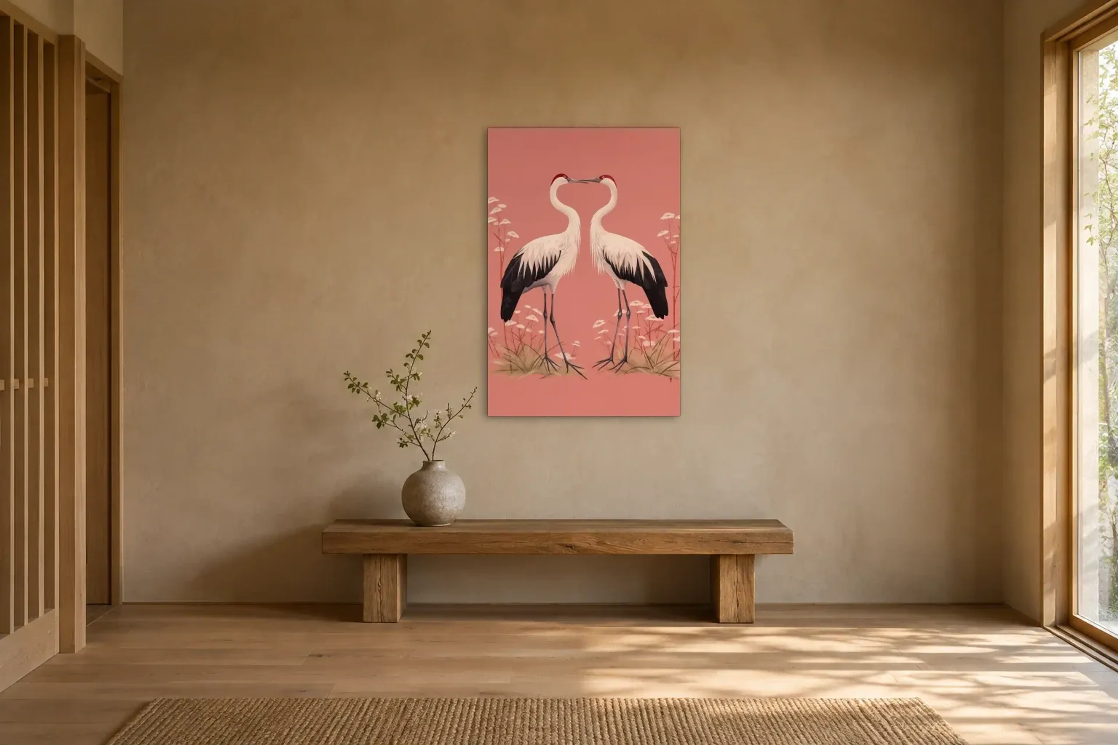 Vogelpaar auf Rosa als Wandbild über einer 120-cm-Holzbank