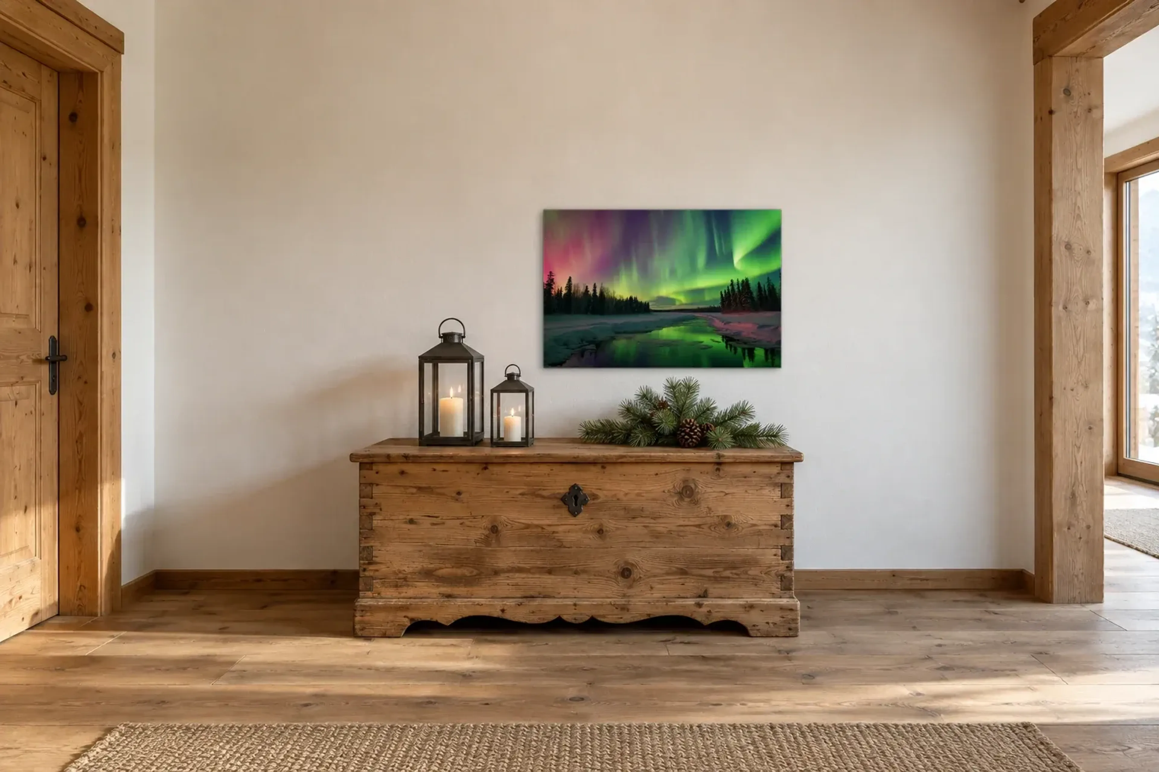Polarlicht über Winterwald als Wandbild über einer 140-cm-Truhe