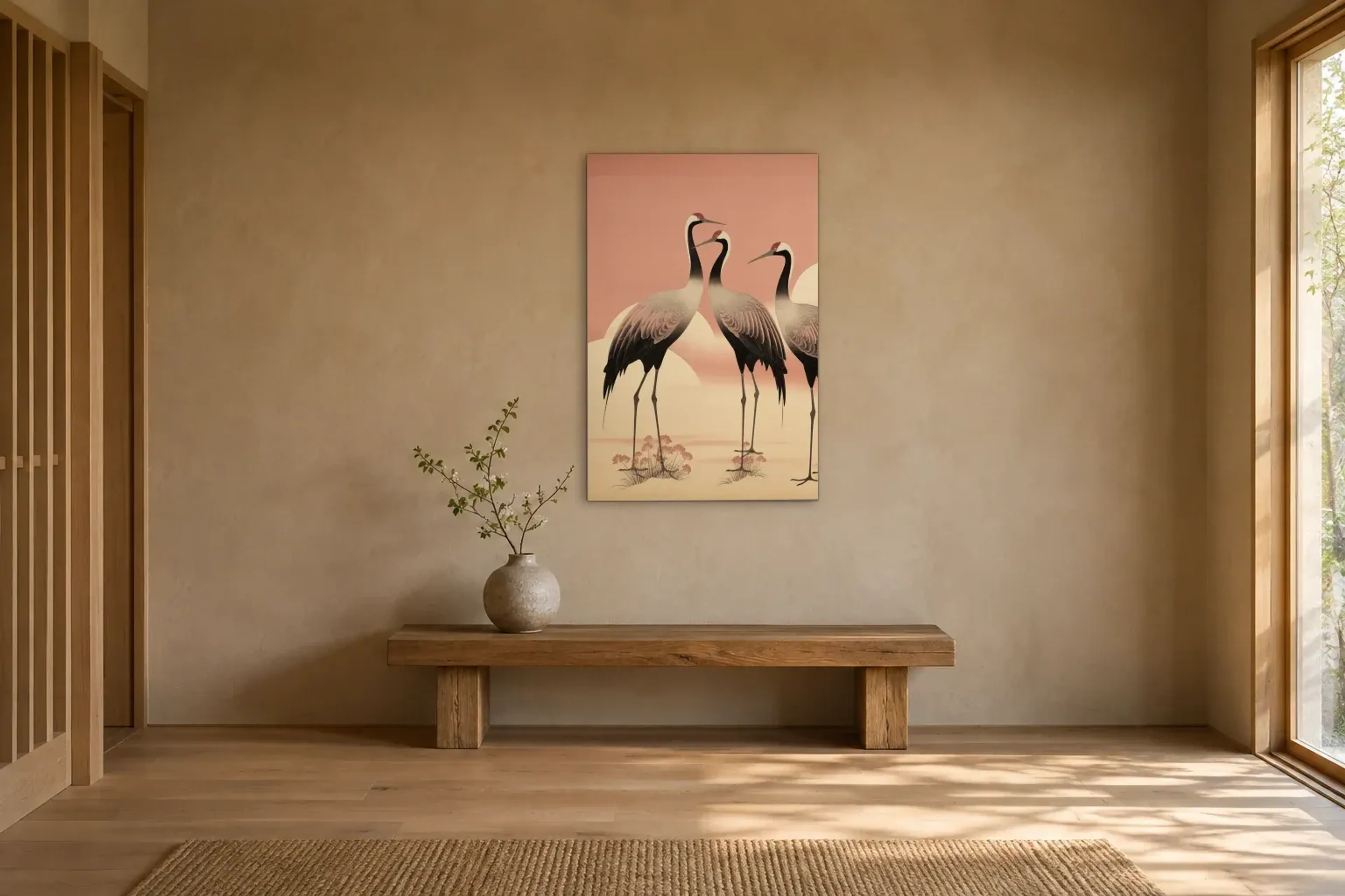 Kraniche in Rosé als Wandbild über einer 120-cm-Holzbank