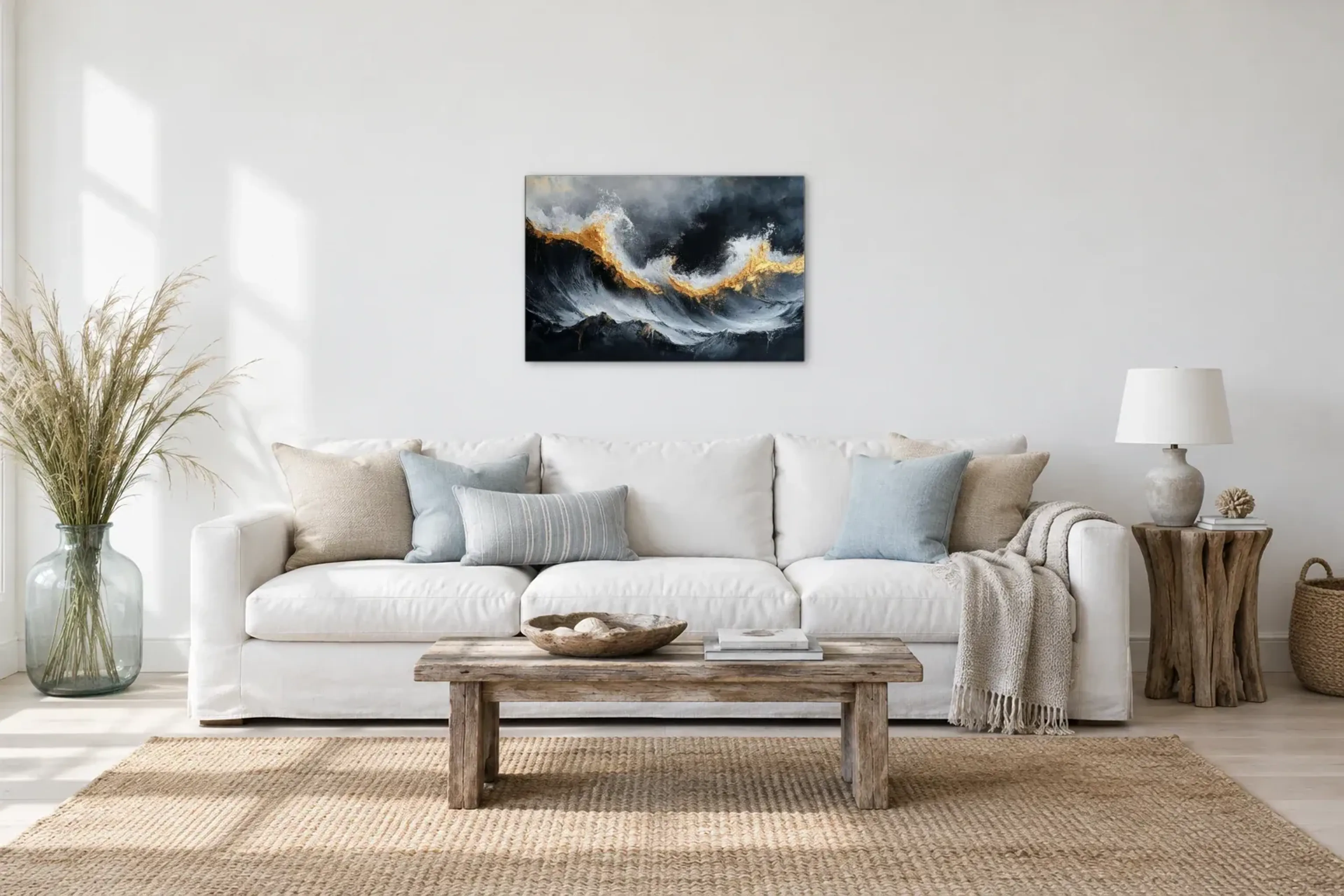 Marmor Wellen als Wandbild über einem 220-cm-Sofa
