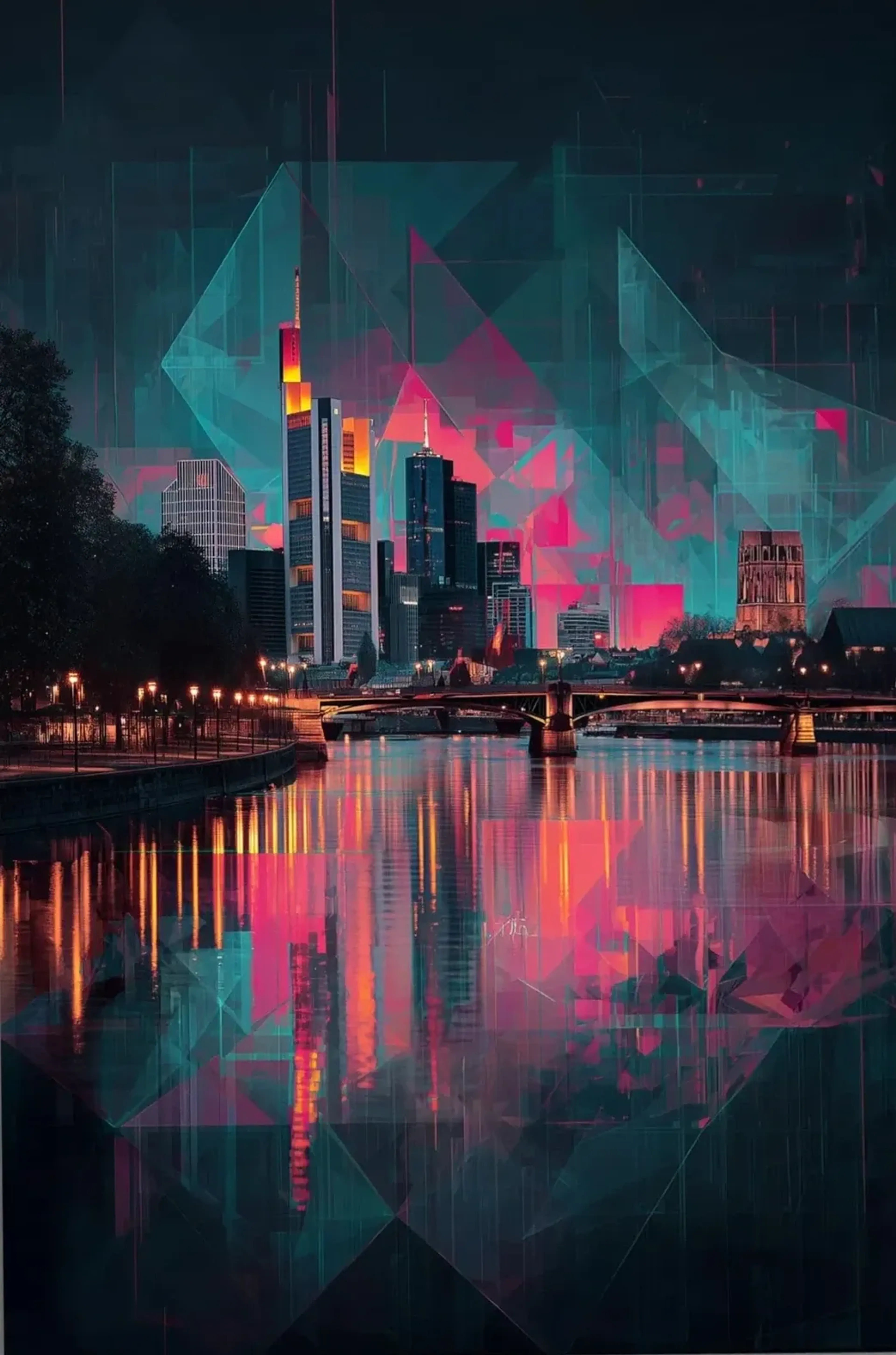 Frankfurter Skyline mit Brücke, pinken und türkisen geometrischen Flächen sowie farbigen Spiegelungen im Wasser.