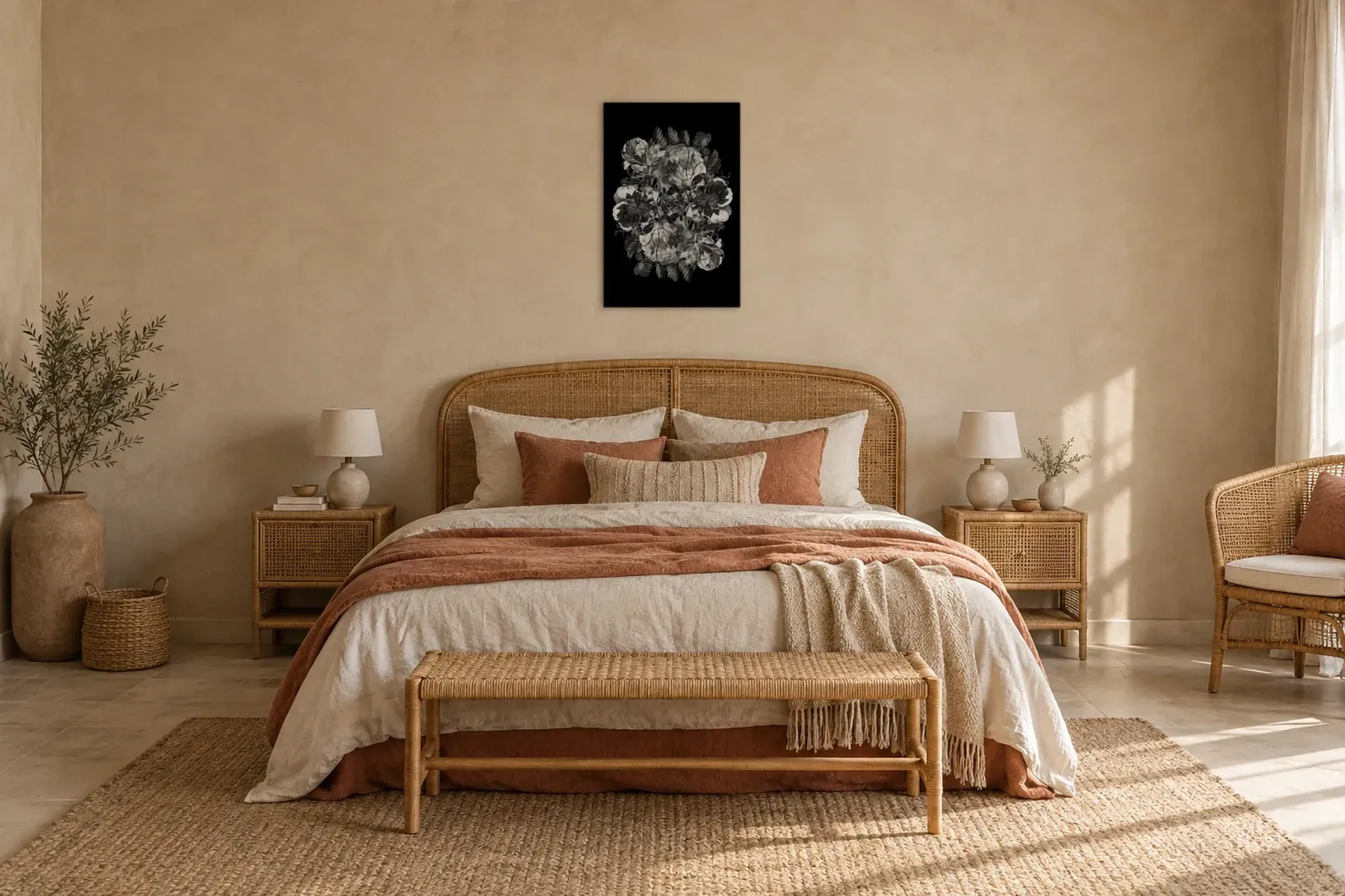 Blumen in Schwarz-Weiß als Wandbild über einem 180-cm-Bett