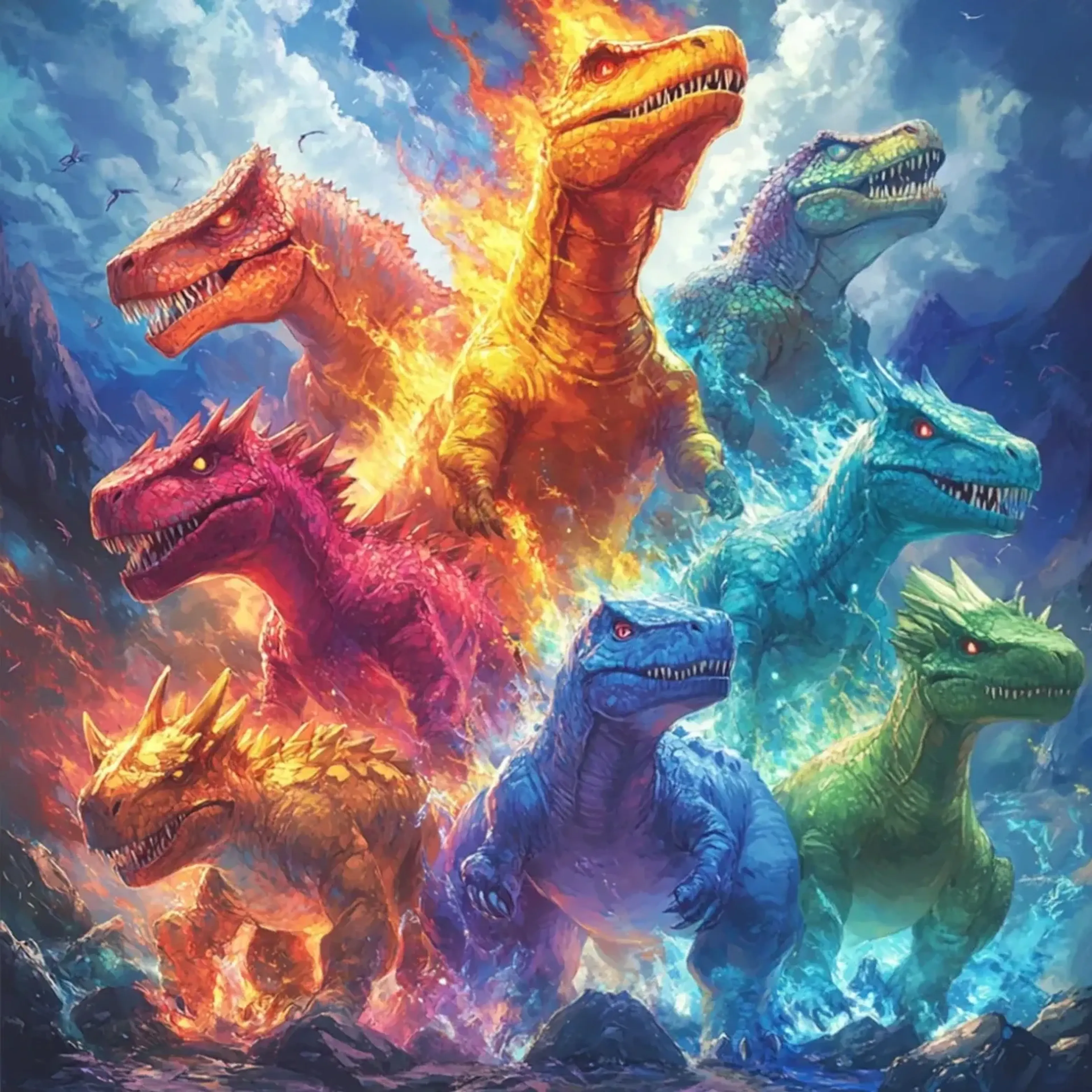 Dinosaurier zwischen Feuer und Eis – Motiv als Wandbild auf Holz