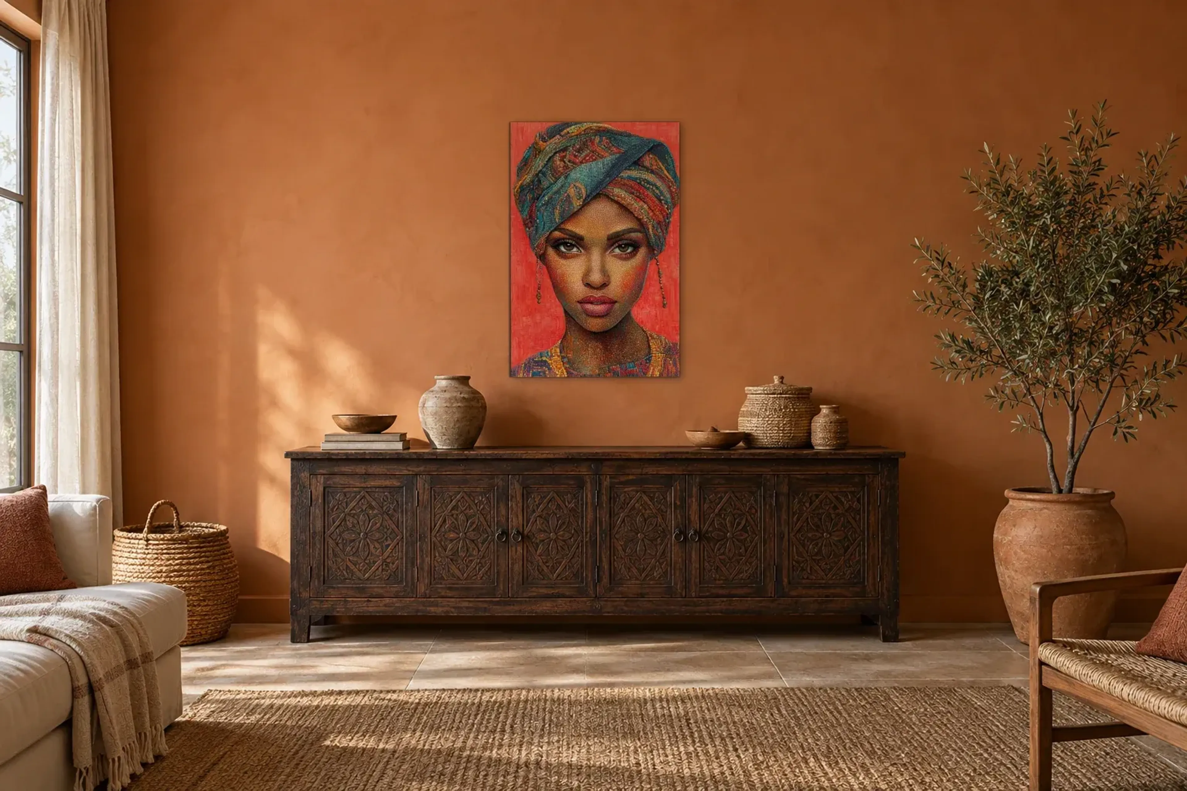 Porträt mit Turban als Wandbild über einem 180-cm-Sideboard