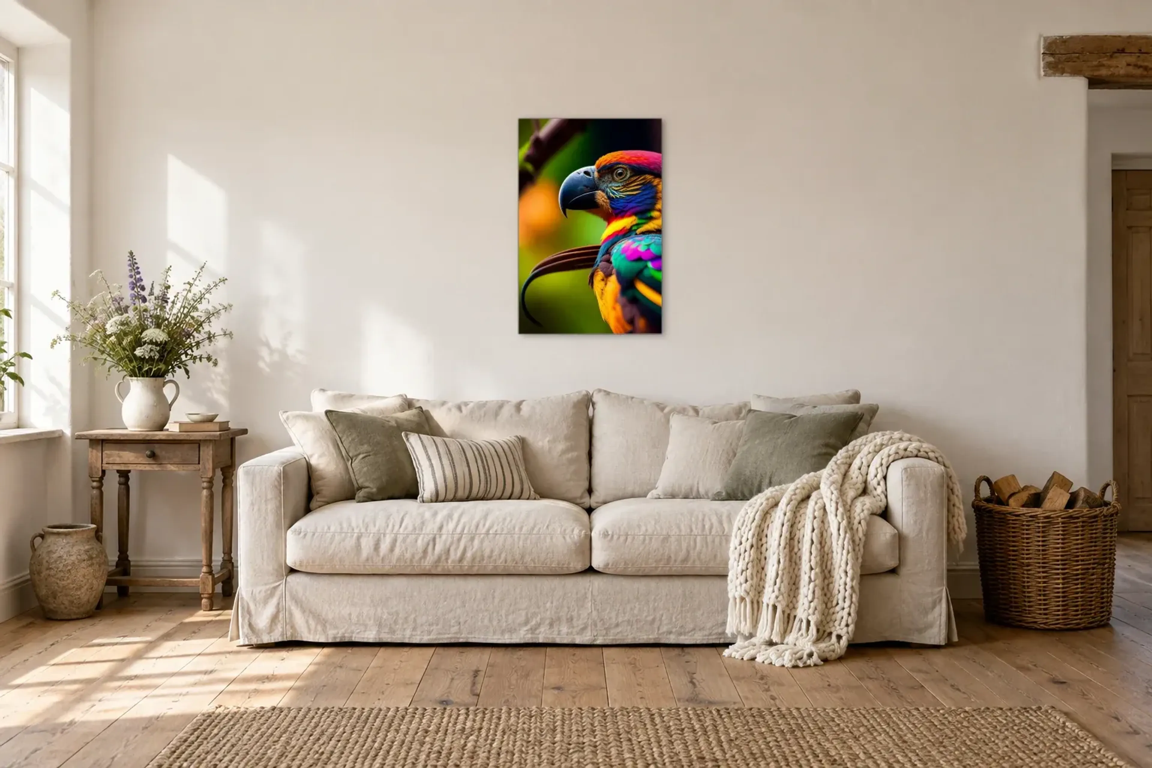 Bunter Papagei als Wandbild über einem 220-cm-Sofa