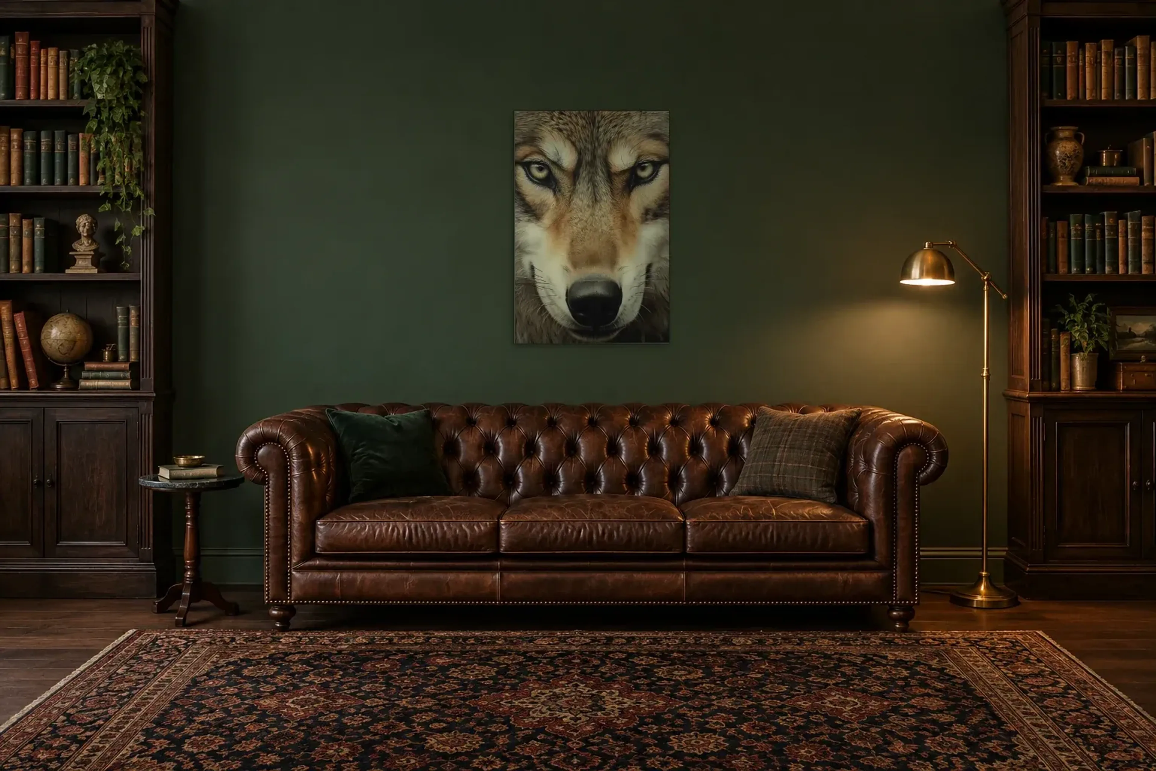 Wolf Nahaufnahme als Wandbild über einem 200-cm-Chesterfield-Sofa