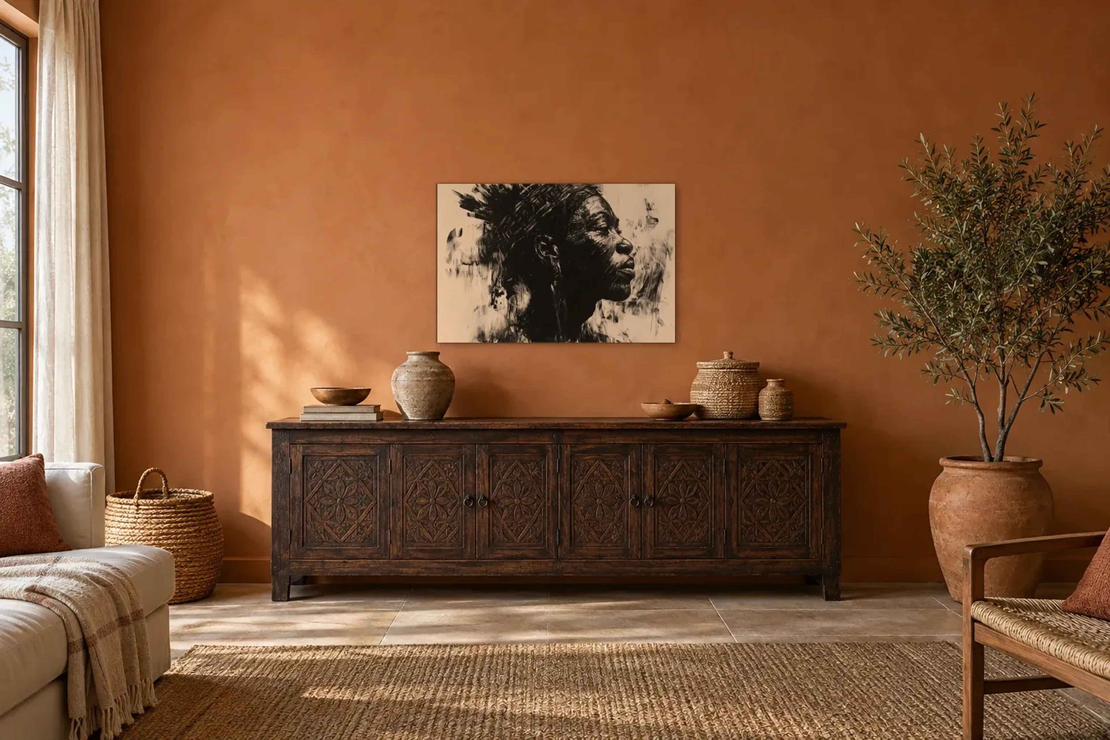 Profil in Schwarzweiß als Wandbild über einem 180-cm-Sideboard
