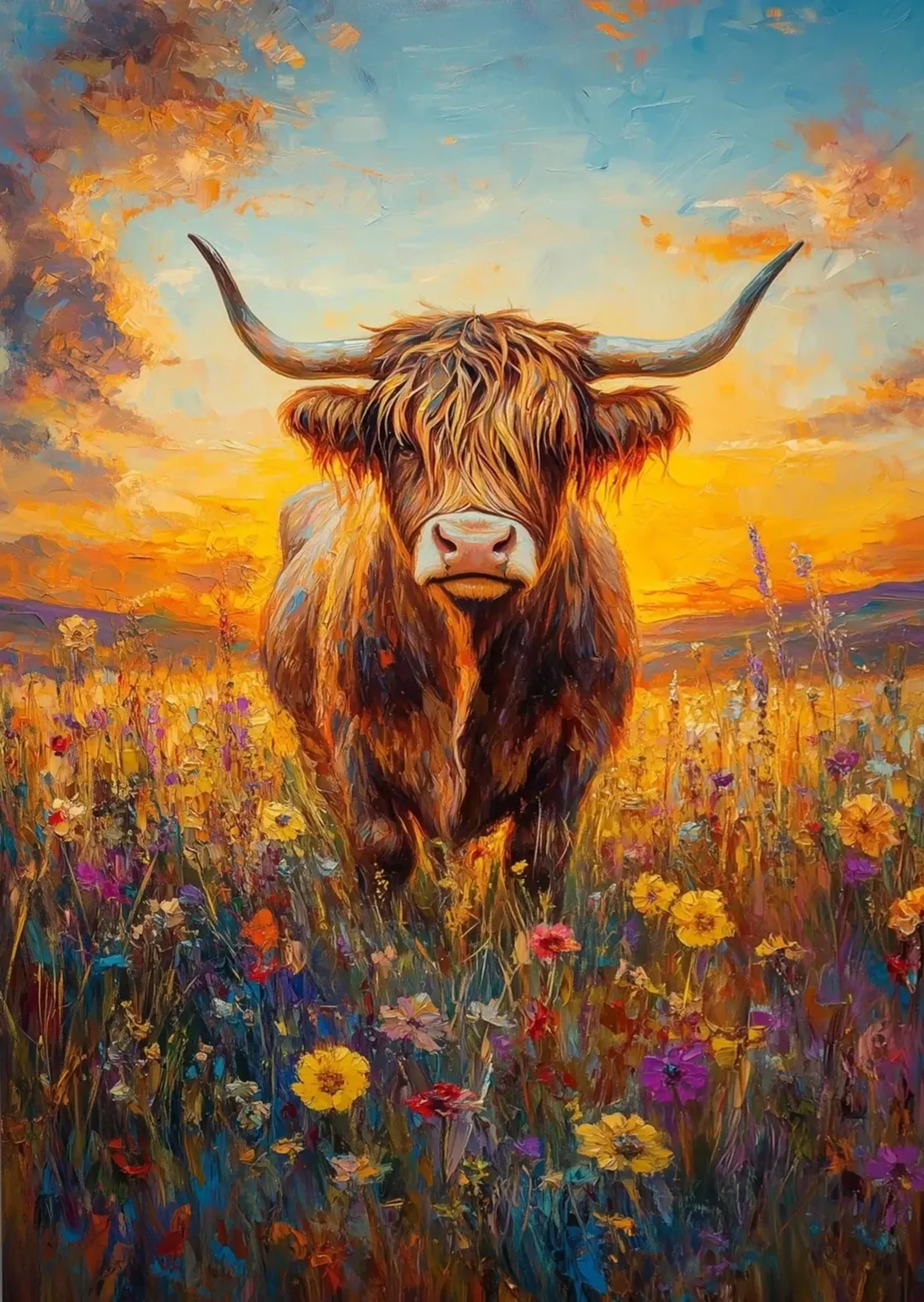 Braunes Hochlandrind in einer bunten Blumenwiese vor einem goldorange leuchtenden Abendhimmel.