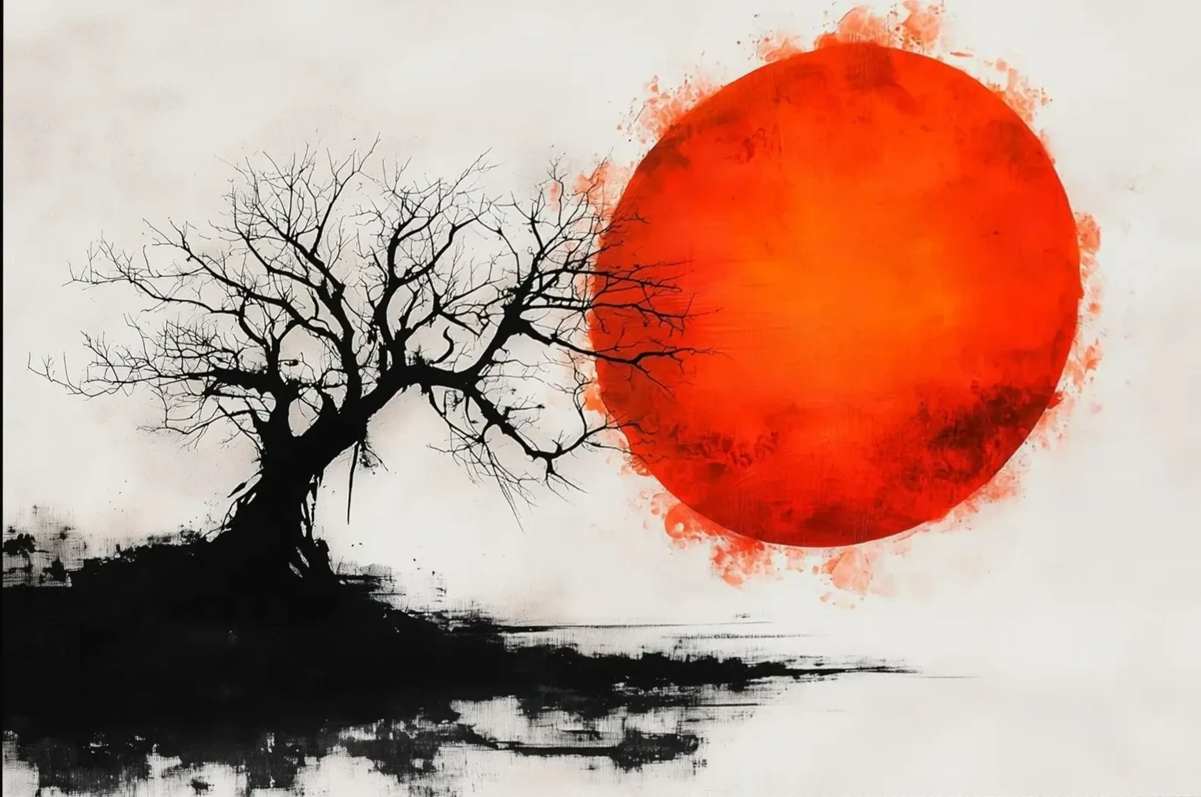 Schwarzer, unbelaubter Baum vor einer großen orangeroten Sonne auf hellem Grund mit schwarzen Farbspuren.