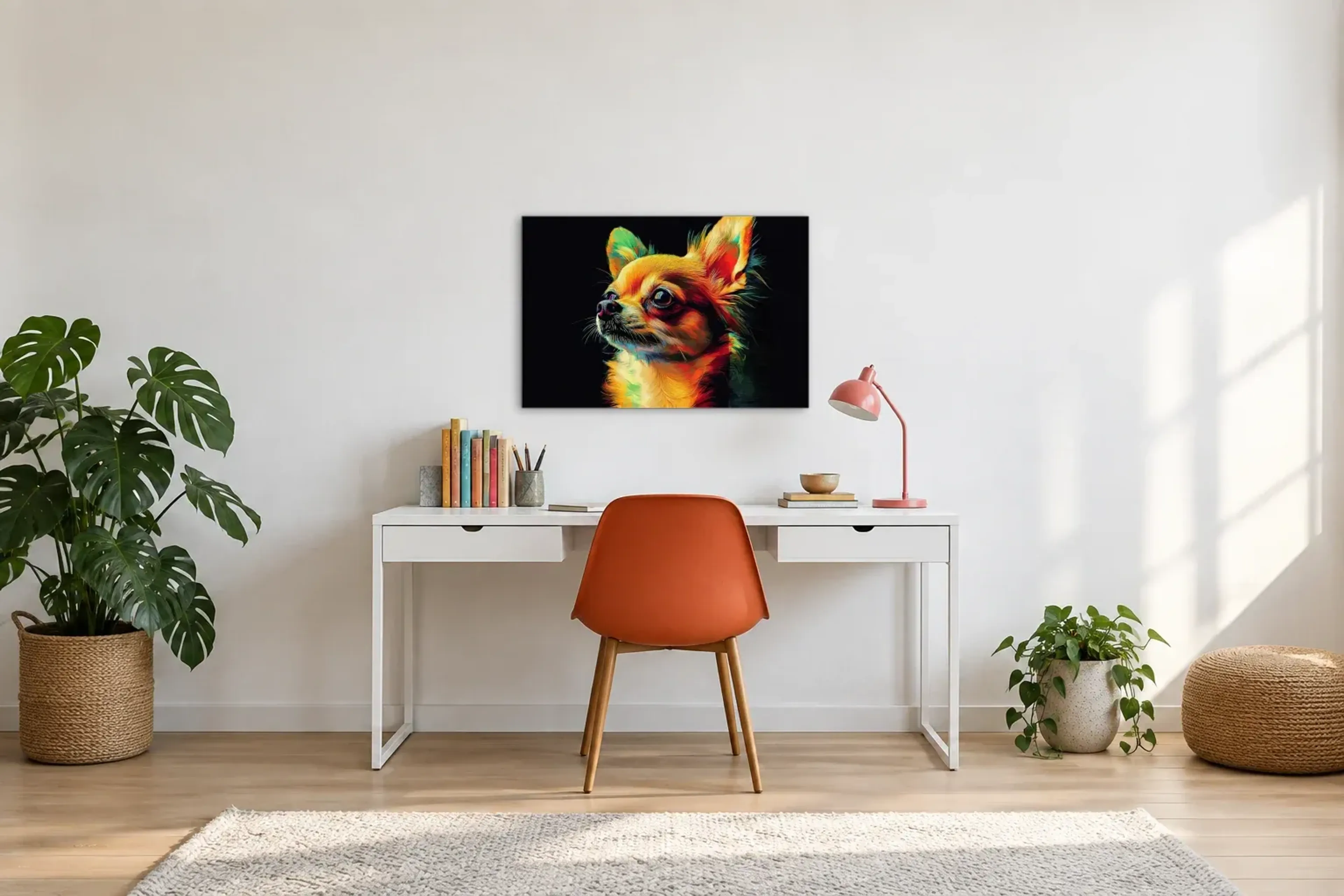 Langhaar Chihuahua als Wandbild über einem 140-cm-Schreibtisch