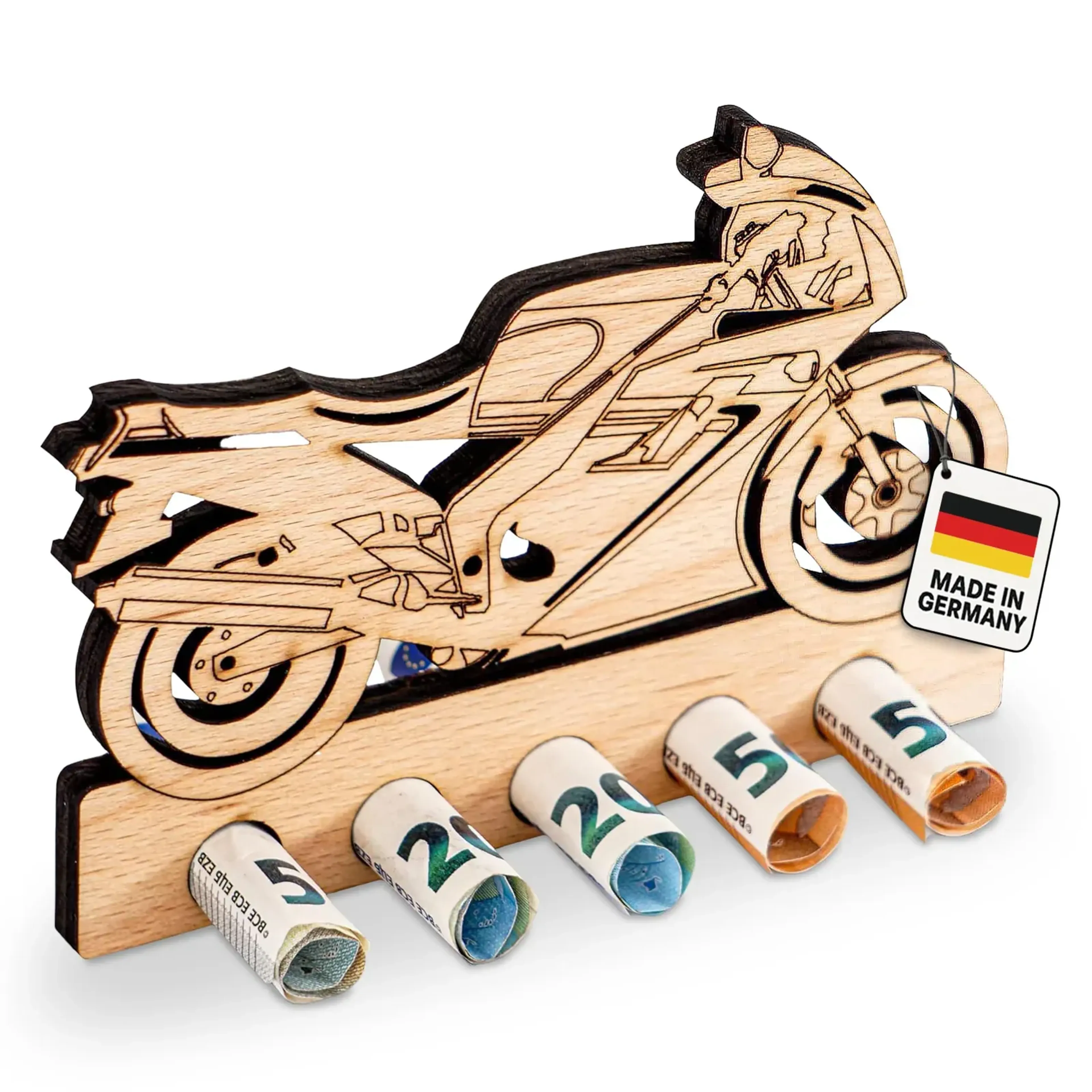 Sportmotorrad aus hellem Holz mit dunklen Detailzeichnungen über einer Leiste mit fünf gerollten Geldscheinen.