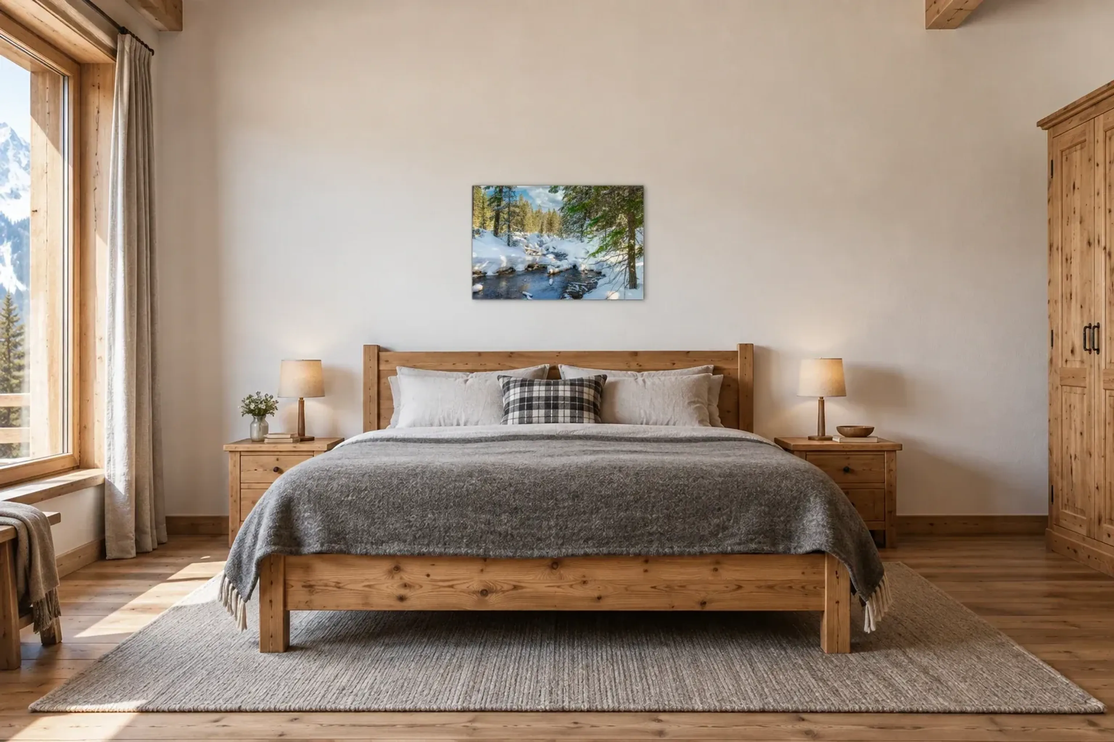 Bach im Winterwald als Wandbild über einem 180-cm-Bett