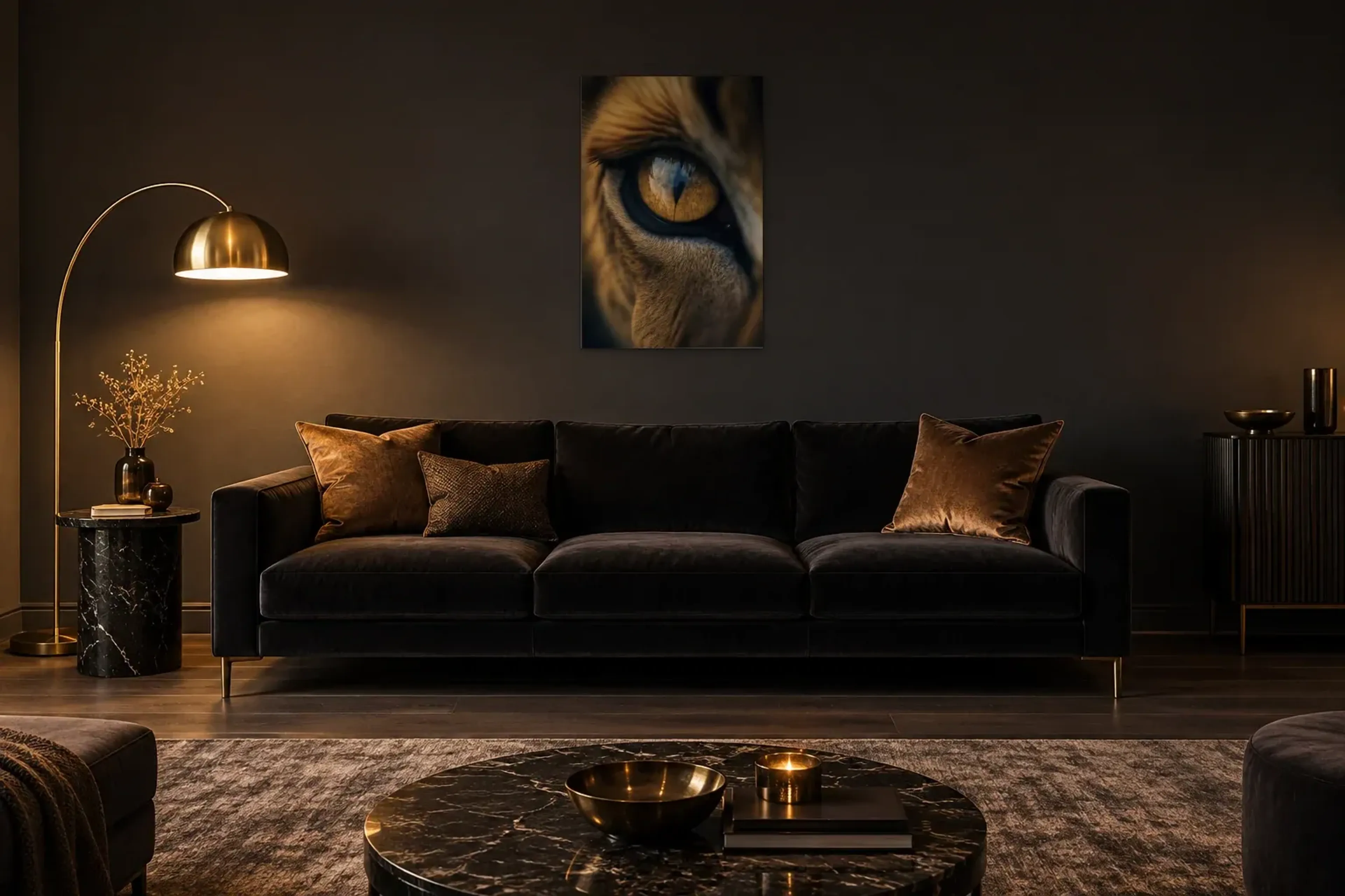 Nahaufnahme Löwen-Auge als Wandbild über einem 220-cm-Sofa