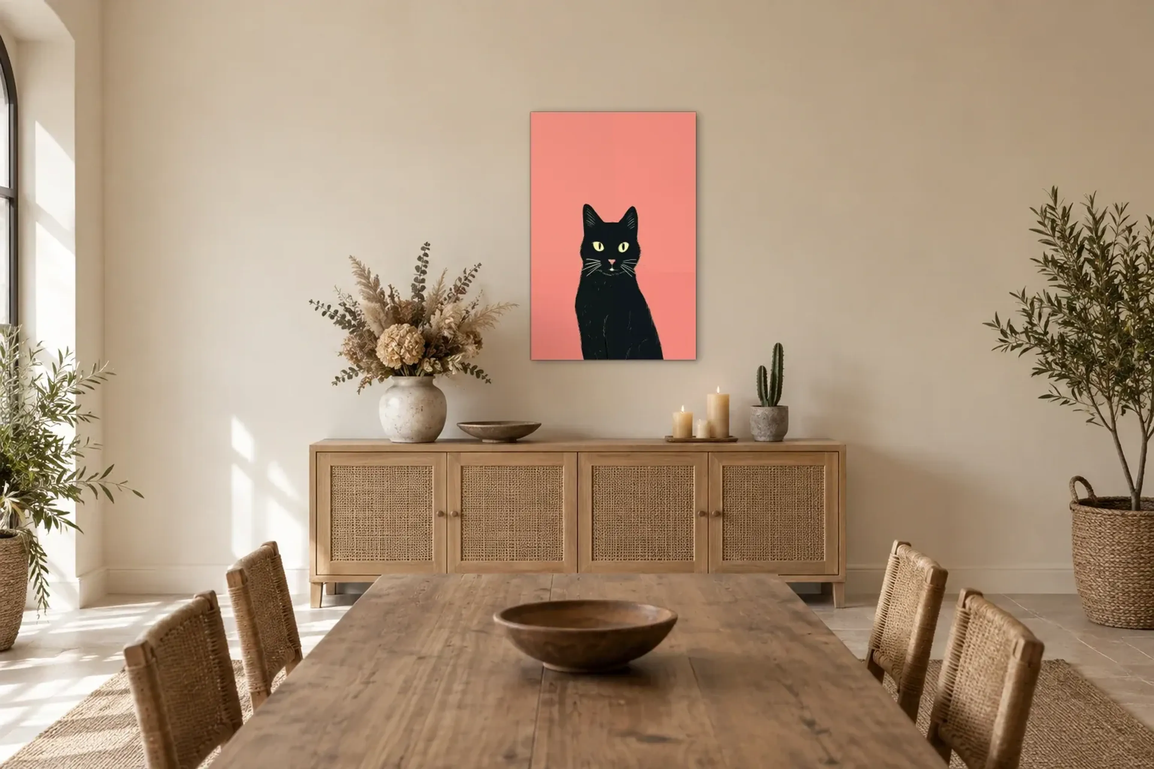 Schwarze Katze auf Rosa als Wandbild über einem 160-cm-Sideboard