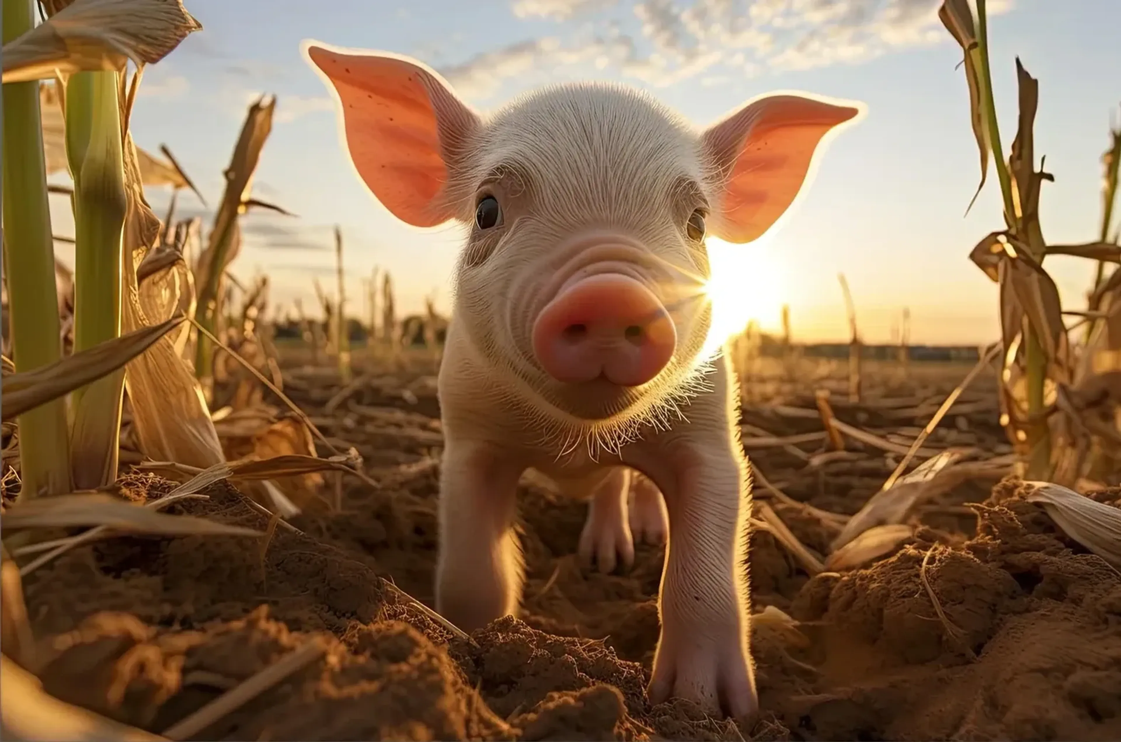 Ein rosa Ferkel steht zwischen trockenen Maisstängeln auf erdigem Boden, mit tief stehender Sonne hinter dem Kopf.