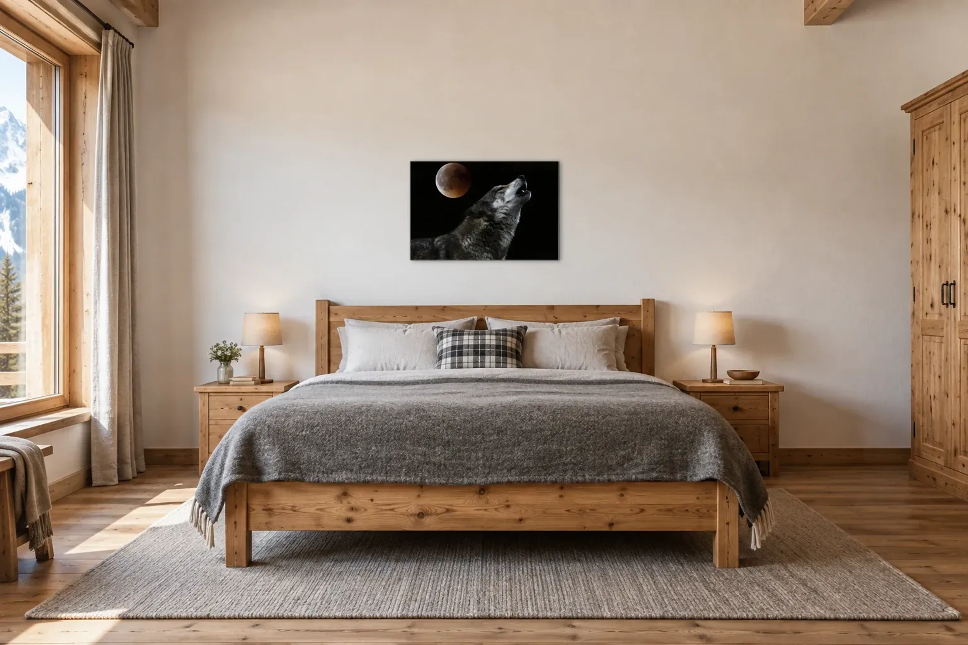 Wolf heult als Wandbild über einem 180-cm-Bett