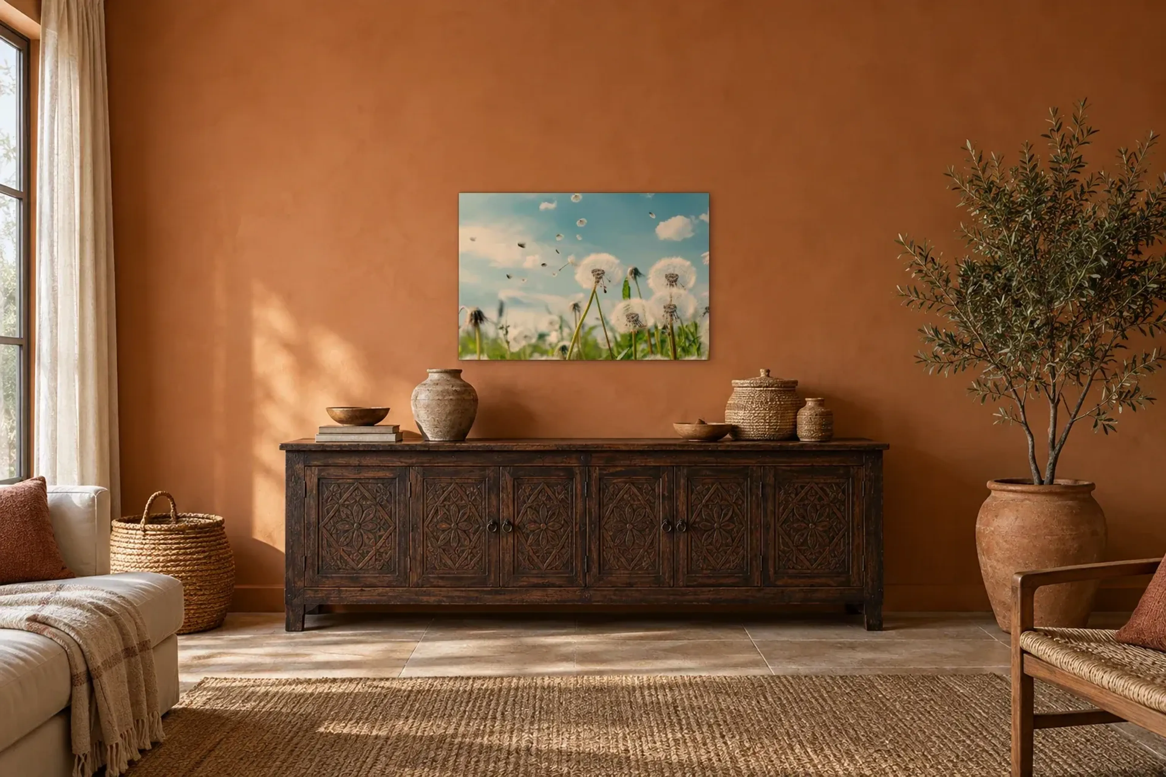 Pusteblumen im Wind als Wandbild über einem 180-cm-Sideboard
