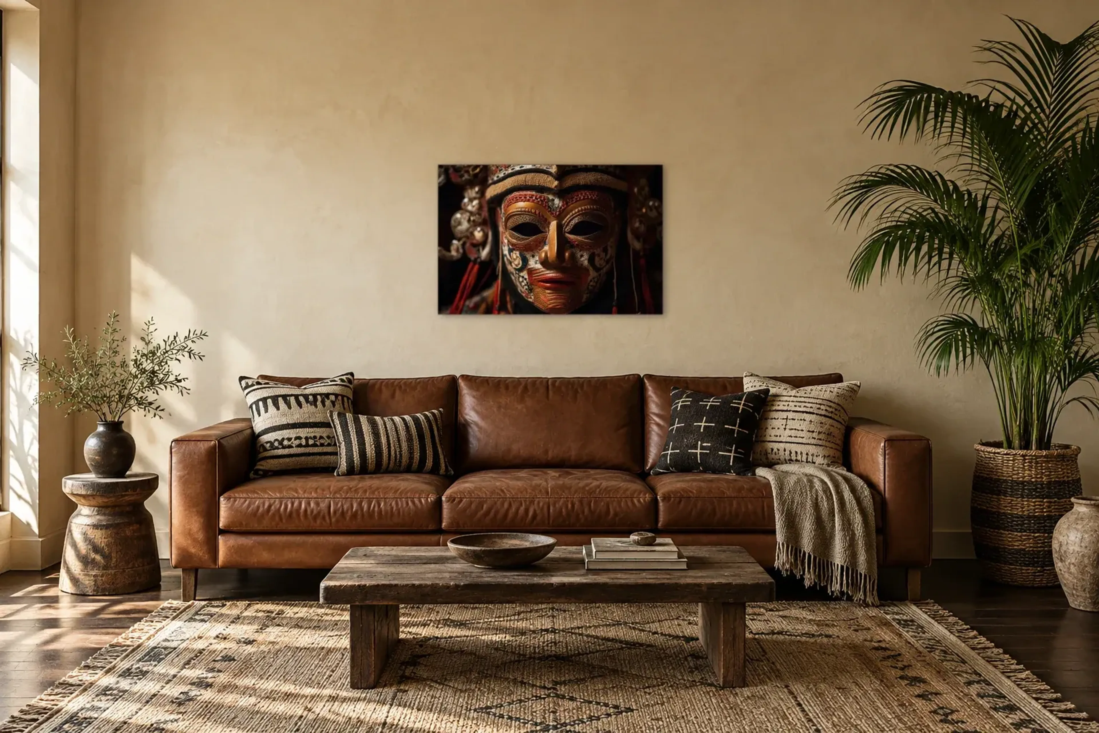 Maske in Rot und Gold als Wandbild über einem 220-cm-Sofa