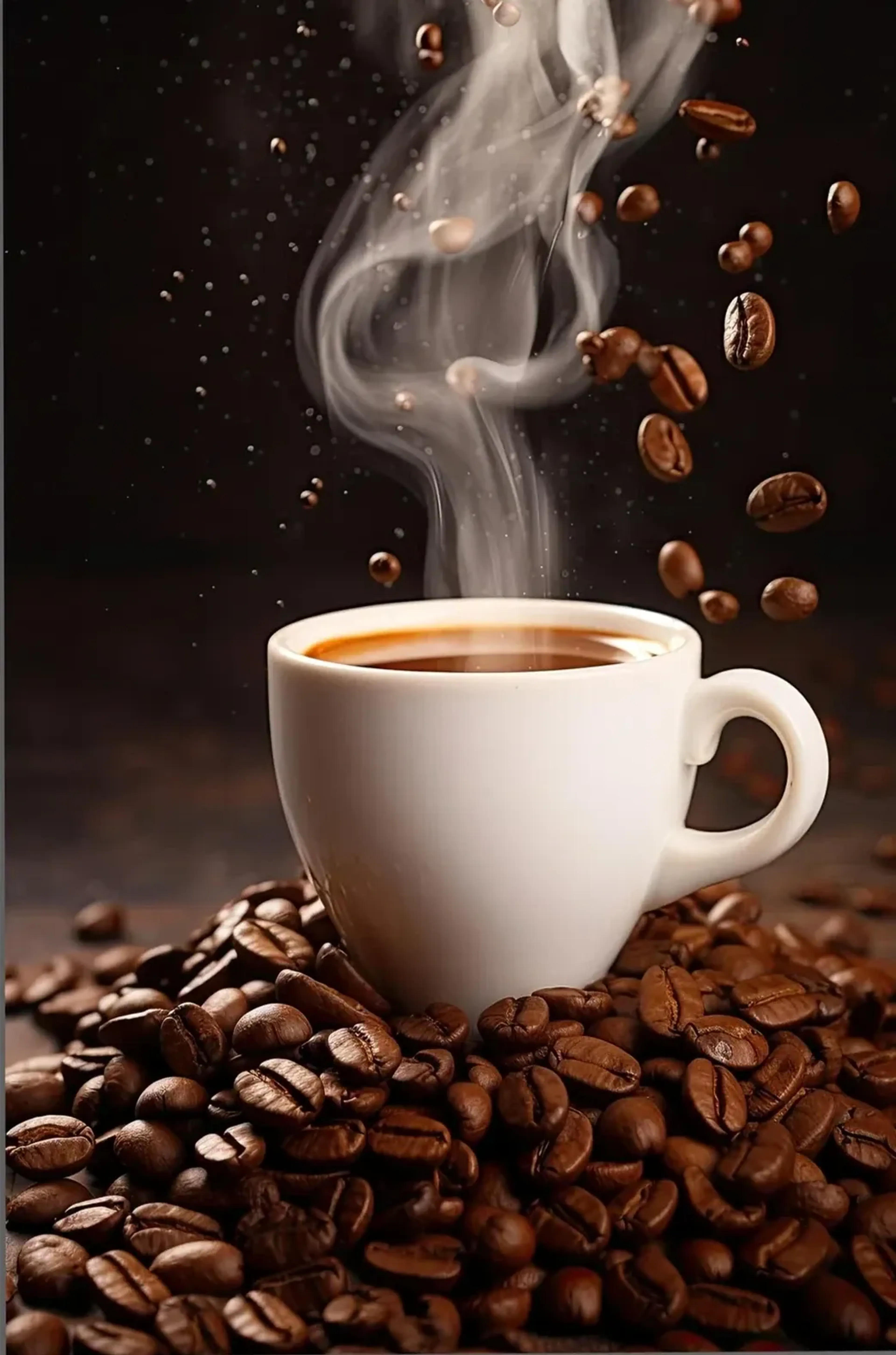 Eine helle Kaffeetasse steht zwischen braunen Bohnen, darüber steigen Dampf und schwebende Bohnen auf.