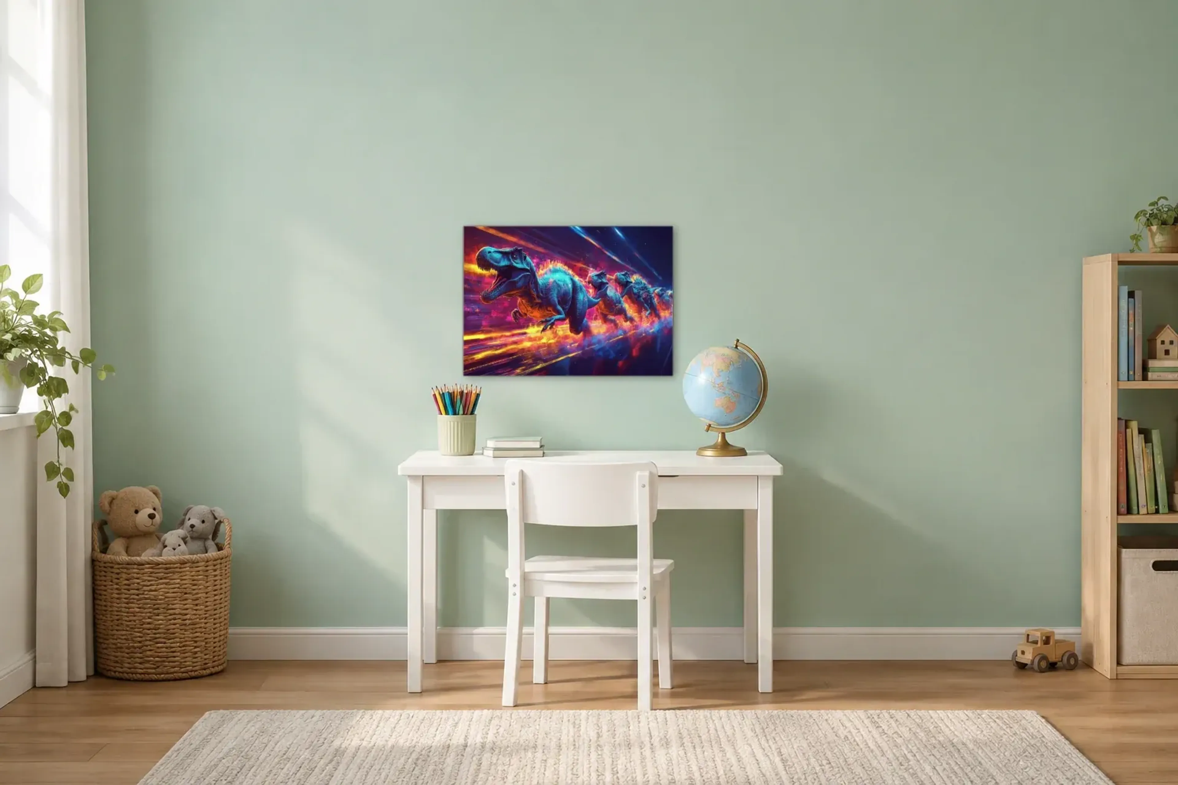 Dinos im Neonlauf als Wandbild über einem 110-cm-Kinderschreibtisch